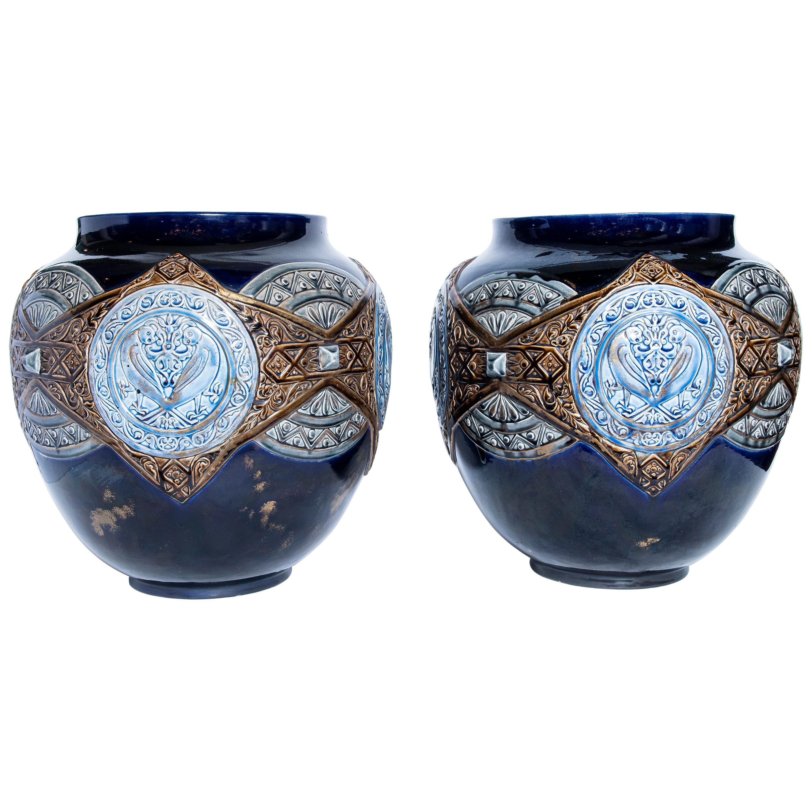 Pair of Enamel Ceramic Planters, France, Late 19th Century For Sale