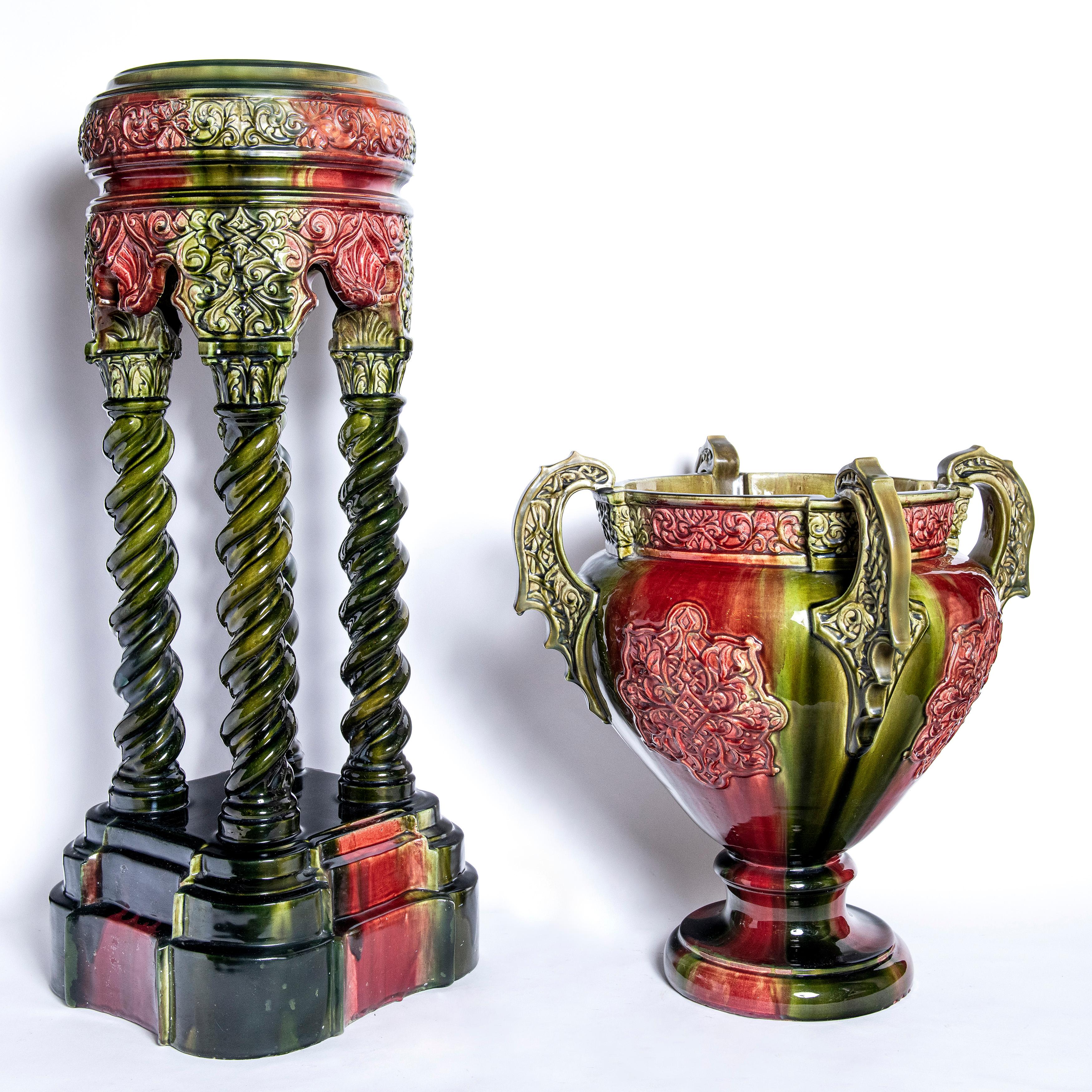 French Pair of Enamel Ceramic Planters Signed Lechenet, Nice, France, circa 1900 For Sale