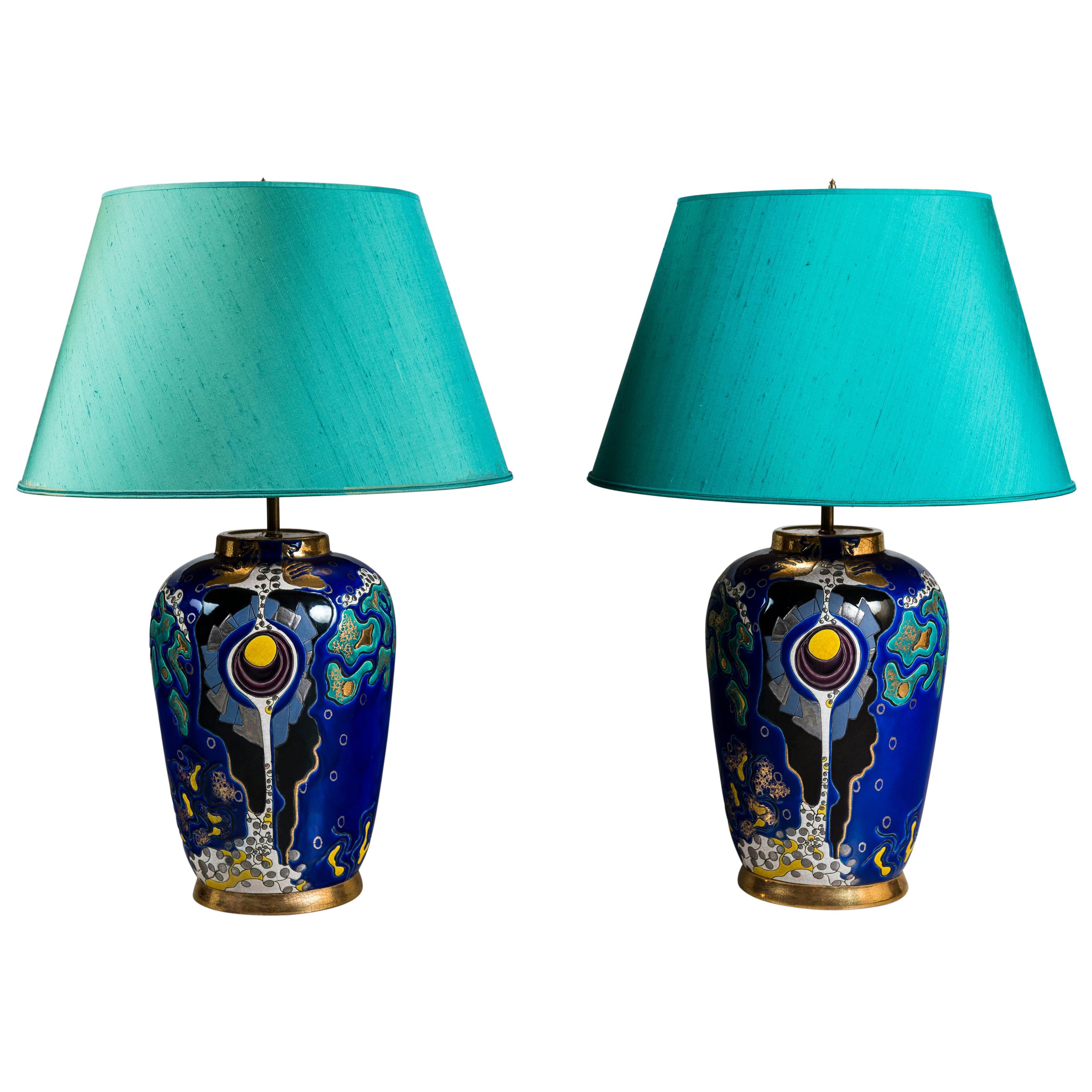 Pair of Enamel Ceramic Table Lamps, by Kostka & Marielle Sertelet for Longwy For Sale