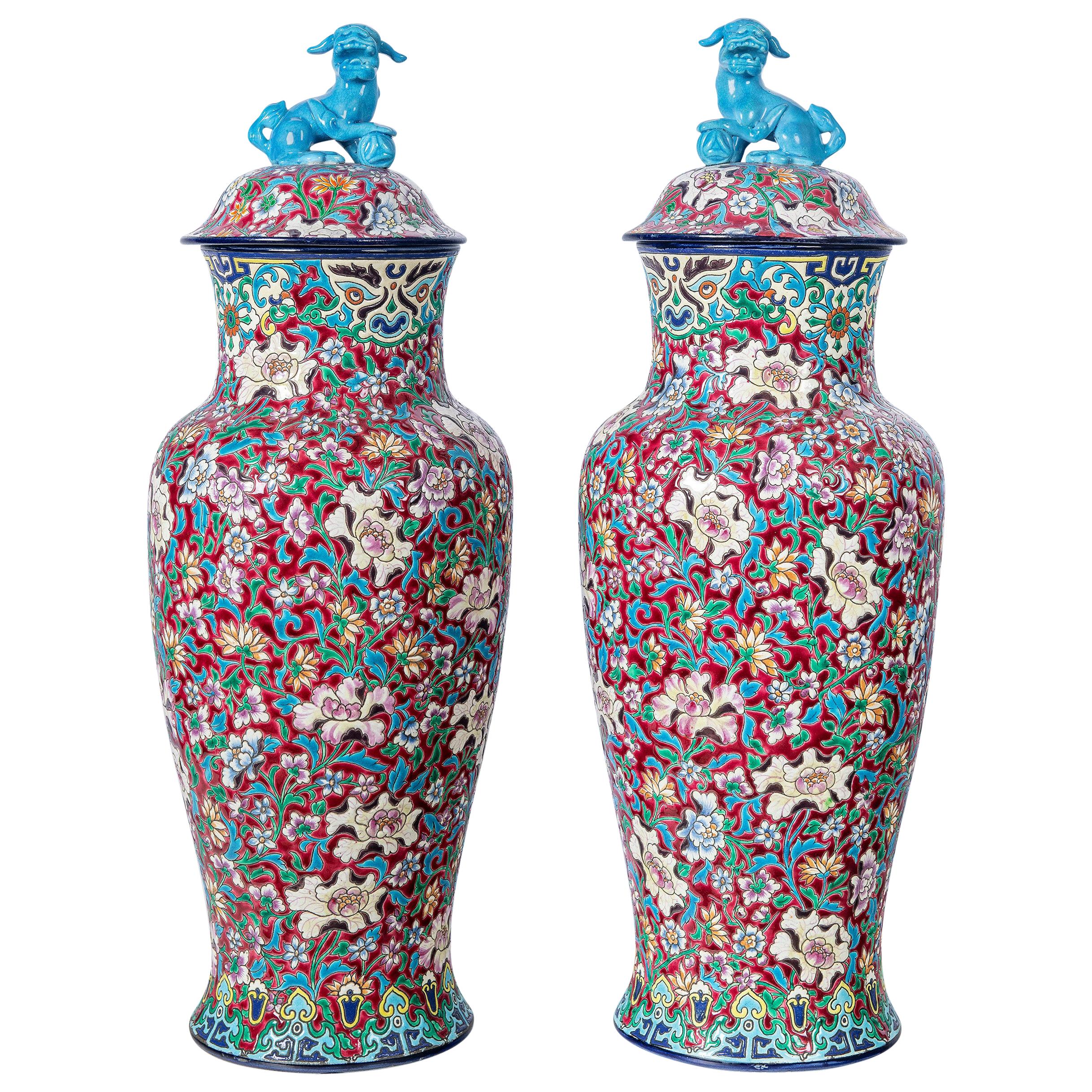 Pair of Enamel Ceramic Vases by Longwy, France, circa 1840