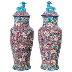 Pair of Enamel Ceramic Vases by Longwy, France, circa 1840