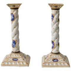 Pair of Enamel Decorated Candlesticks, 19th Century