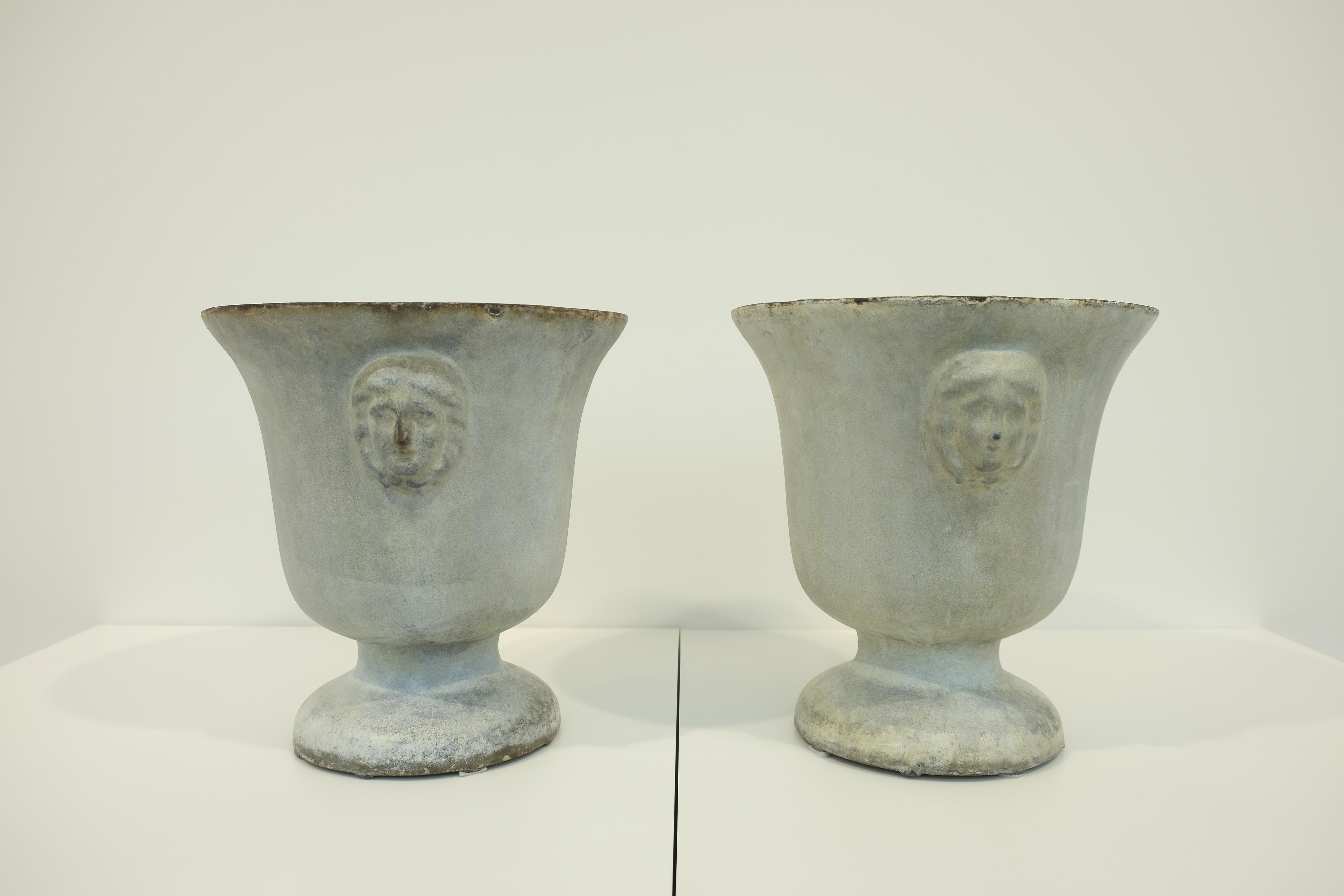 Neoclassical Pair of Enamel Rouen Urns/Jardiniers with Female Masked Handles