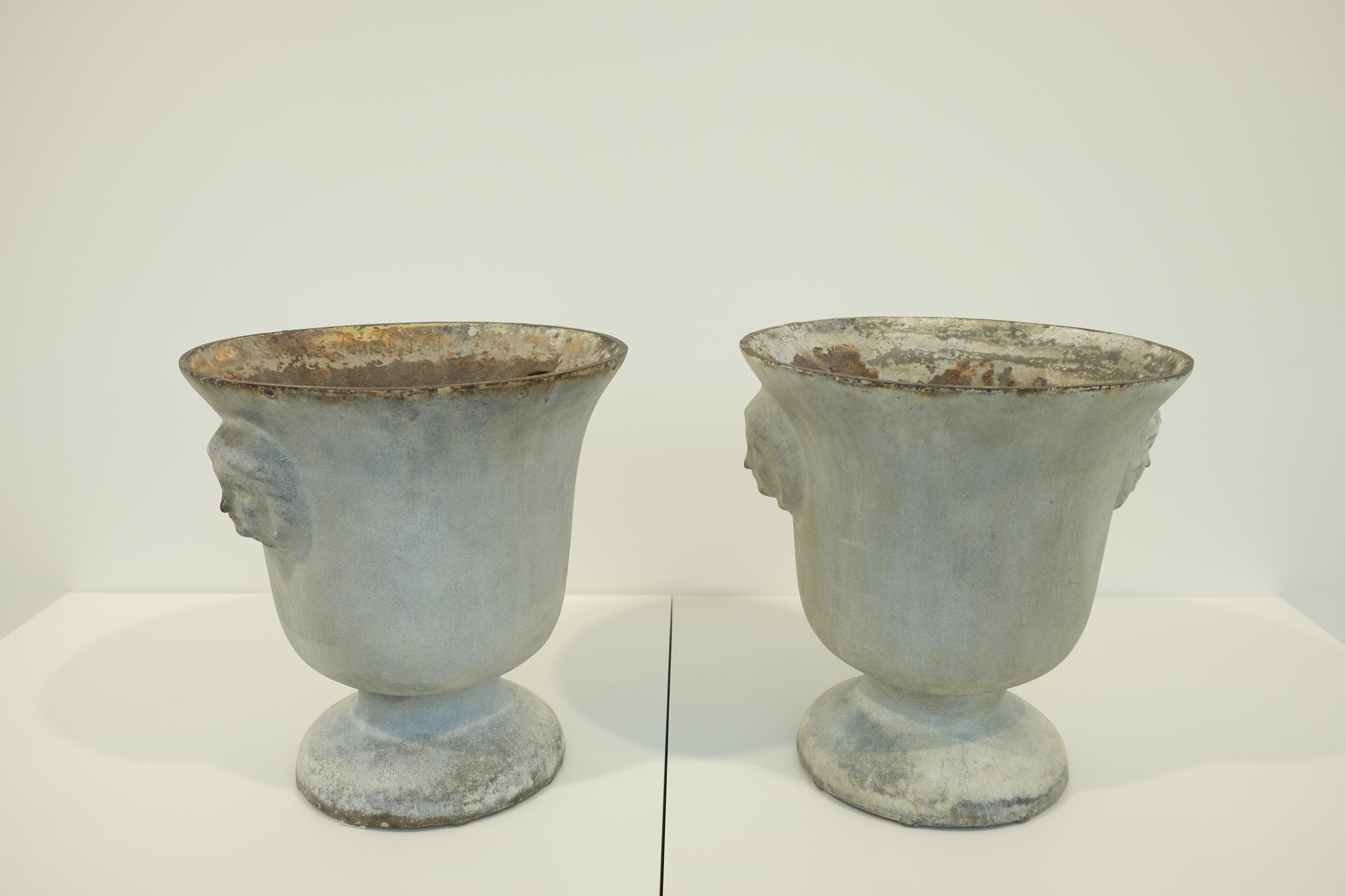 Pair of Enamel Rouen Urns/Jardiniers with Female Masked Handles In Good Condition In  Richmond, VA