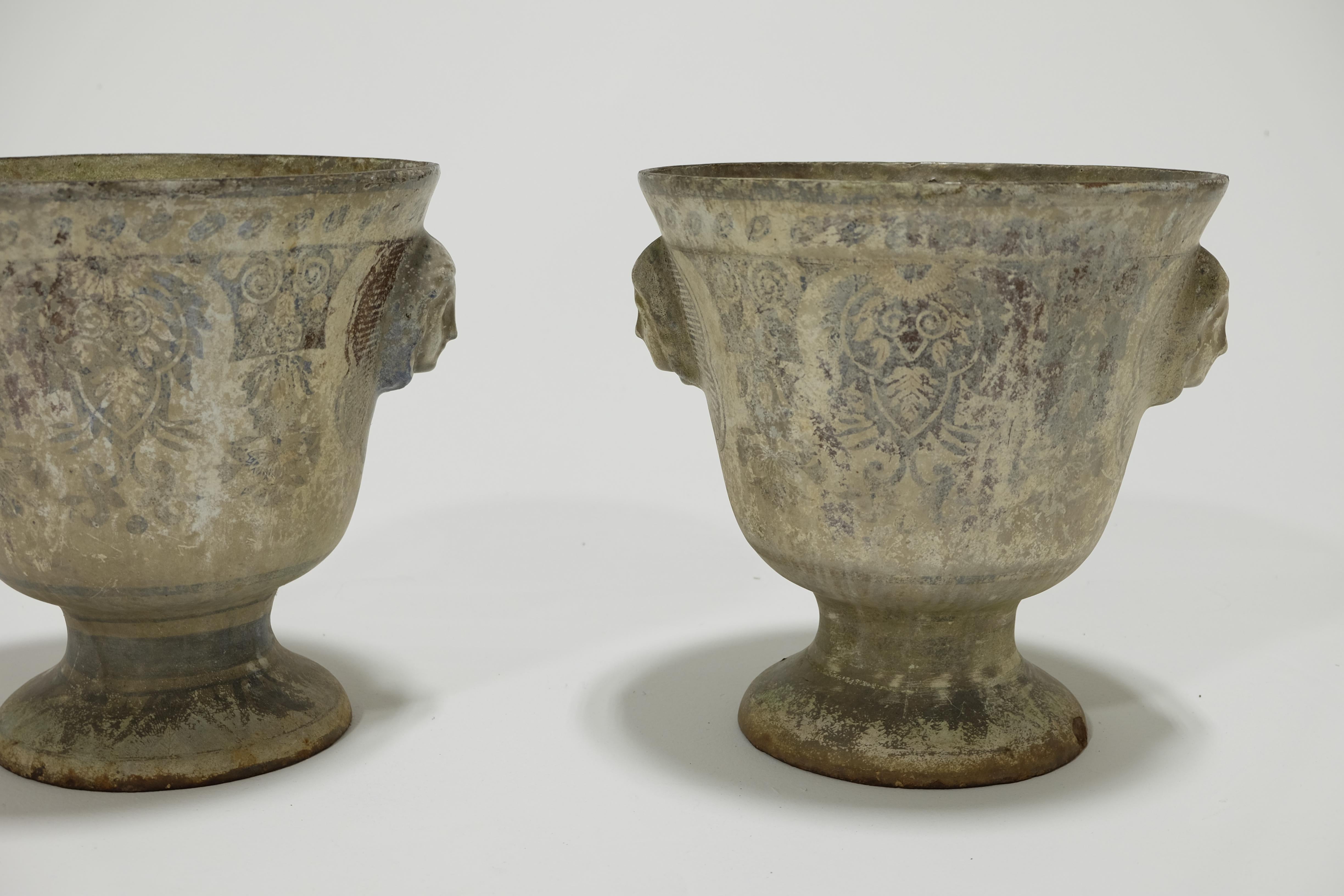 Neoclassical Pair of Enamel Rouen Urns/Jardiniers with Female Masked Handles