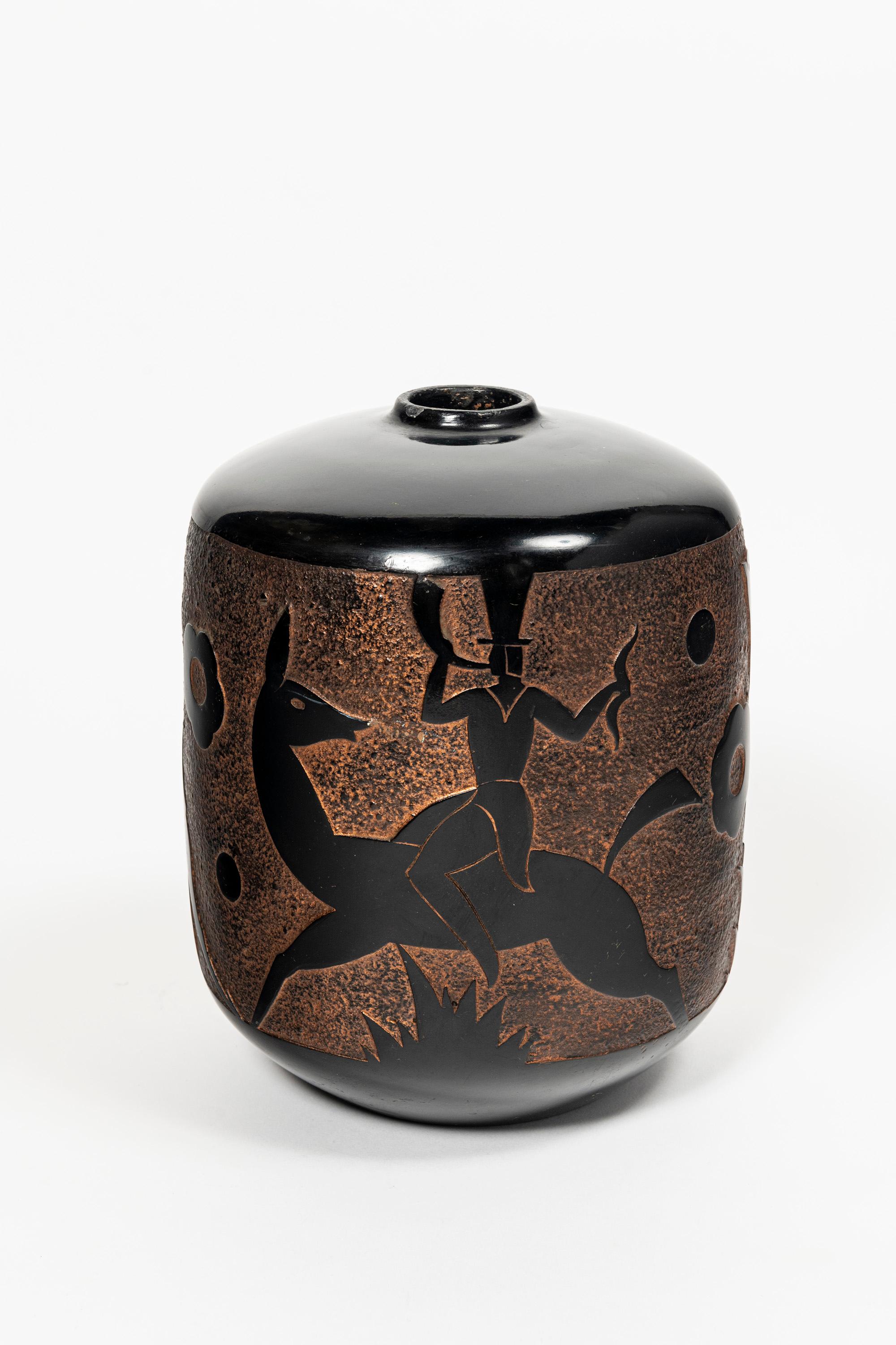 Metà XX secolo Coppia di vasi in terracotta smaltata, periodo Art Déco, Francia, circa 1940. in vendita