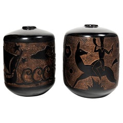 Pair of enamel terracotta vases, Art Deco Period, France, circa 1940.