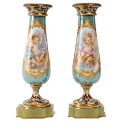 Pair of Enameled and Gilded Bronze and Porcelain Vases