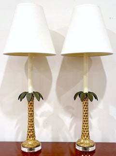 Pair of Enameled Brass & Lucite Palm Tree Lamps