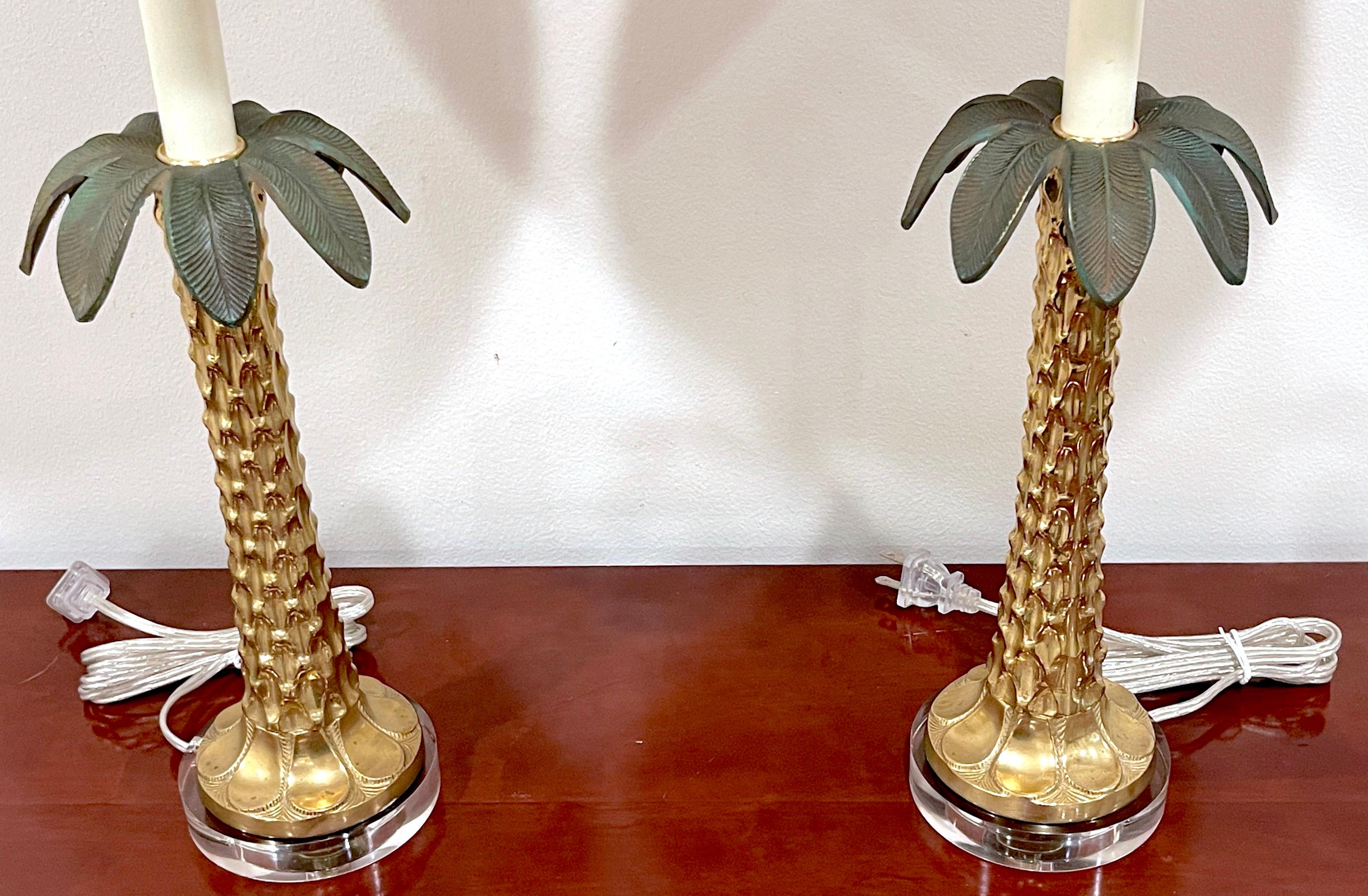 American Pair of Enameled Brass & Lucite Palm Tree Lamps