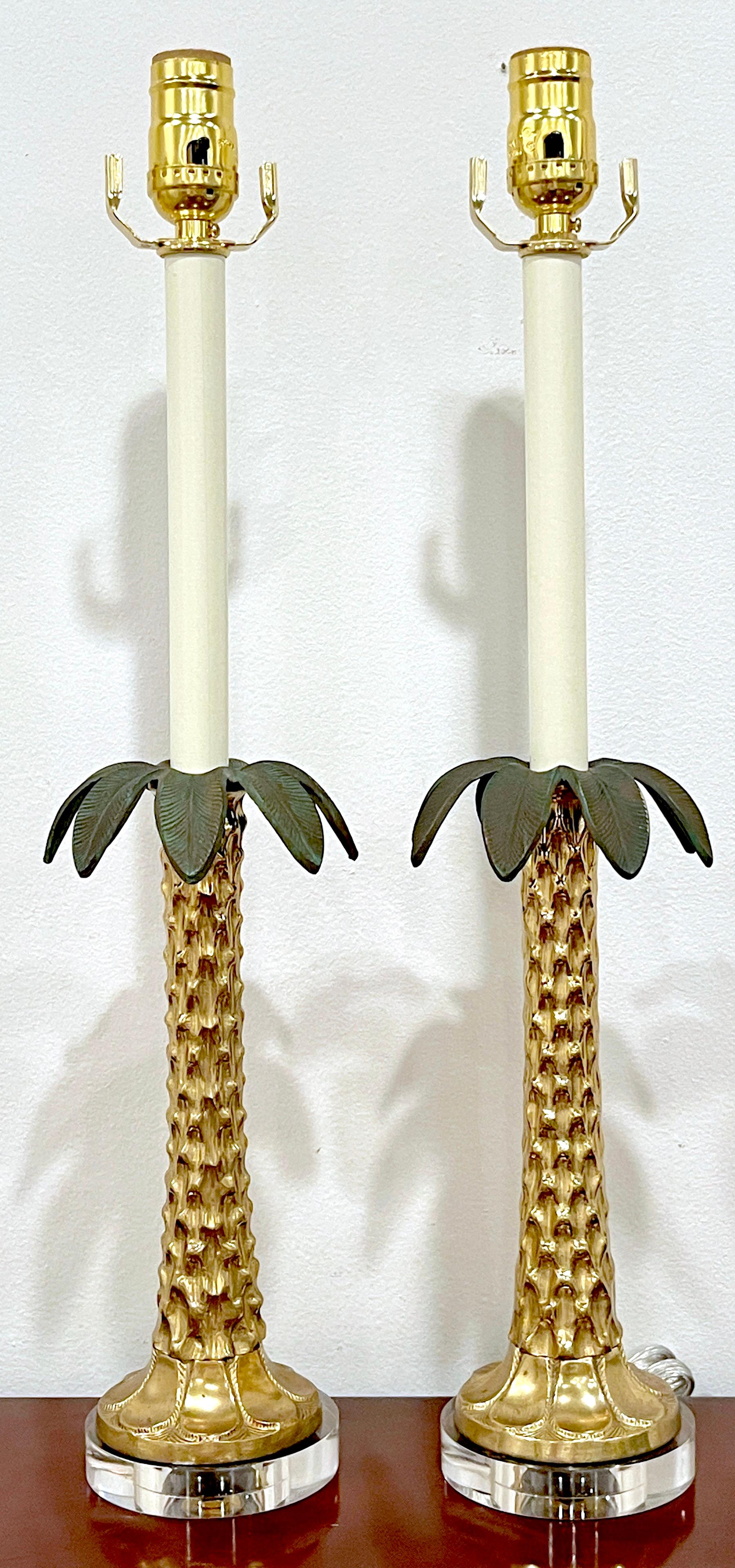 Pair of Enameled Brass & Lucite Palm Tree Lamps In Good Condition In West Palm Beach, FL