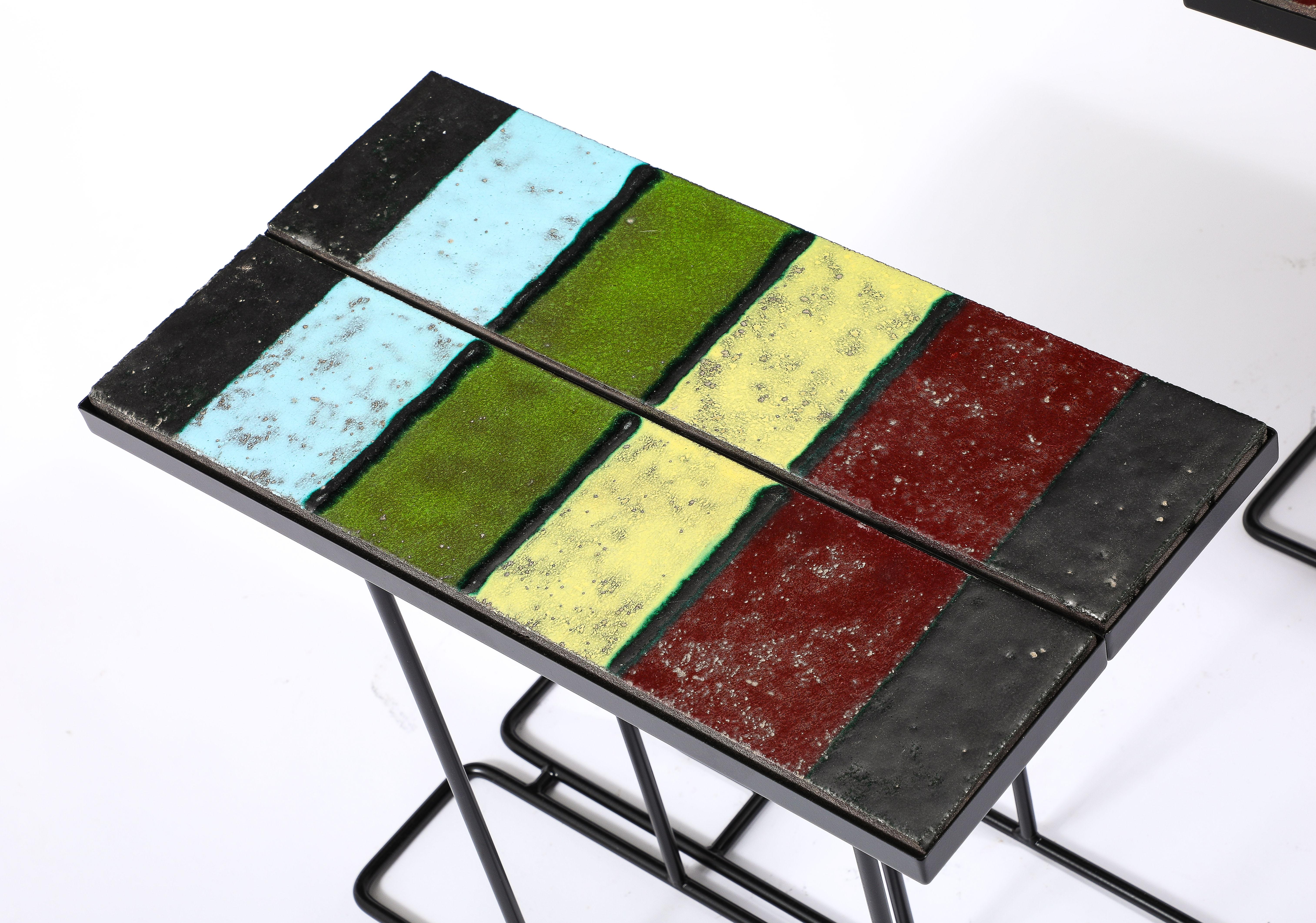 Pair of Enameled Lava Tile Tables, France 1950's For Sale 4