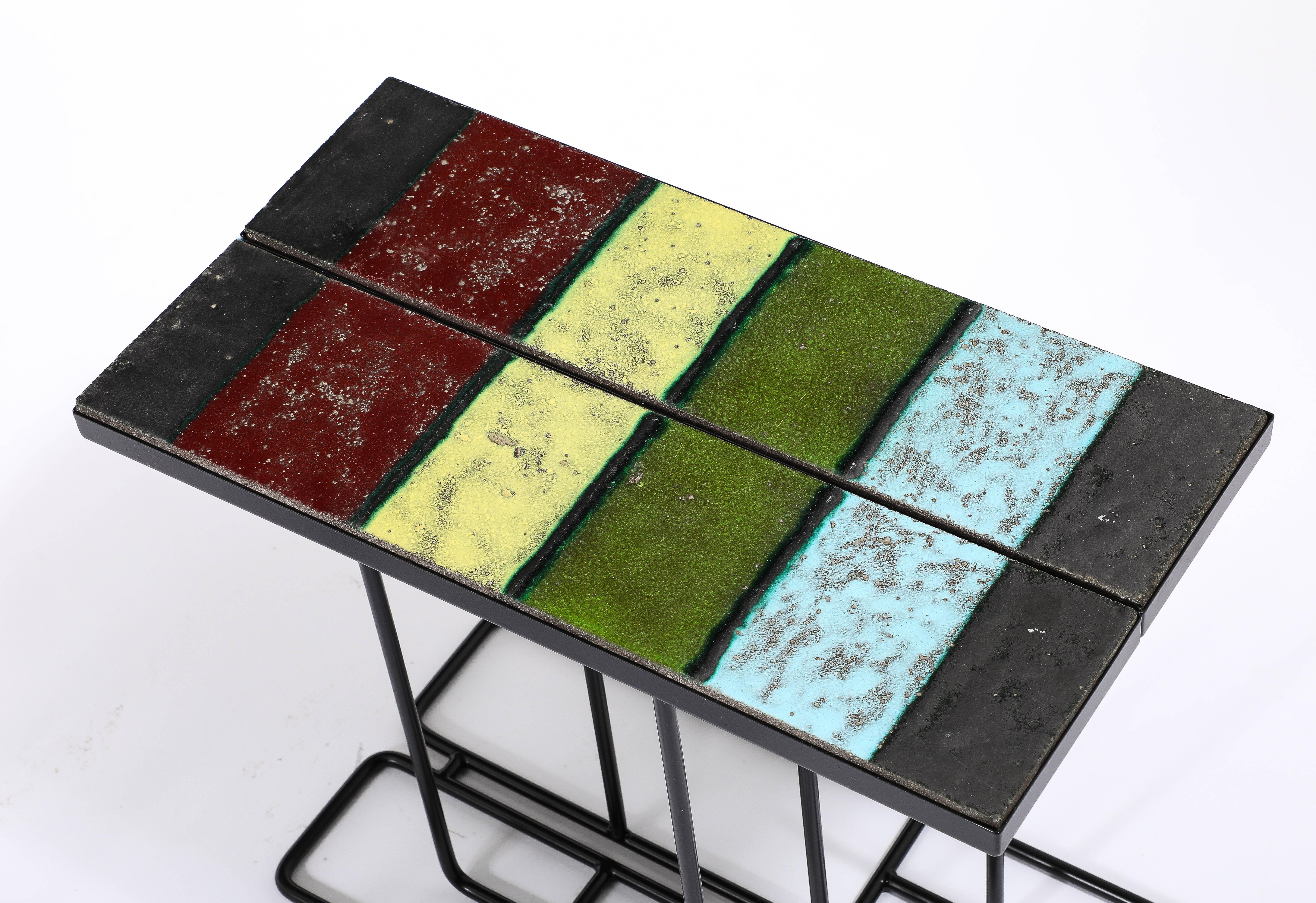 Pair of Enameled Lava Tile Tables, France 1950's For Sale 5