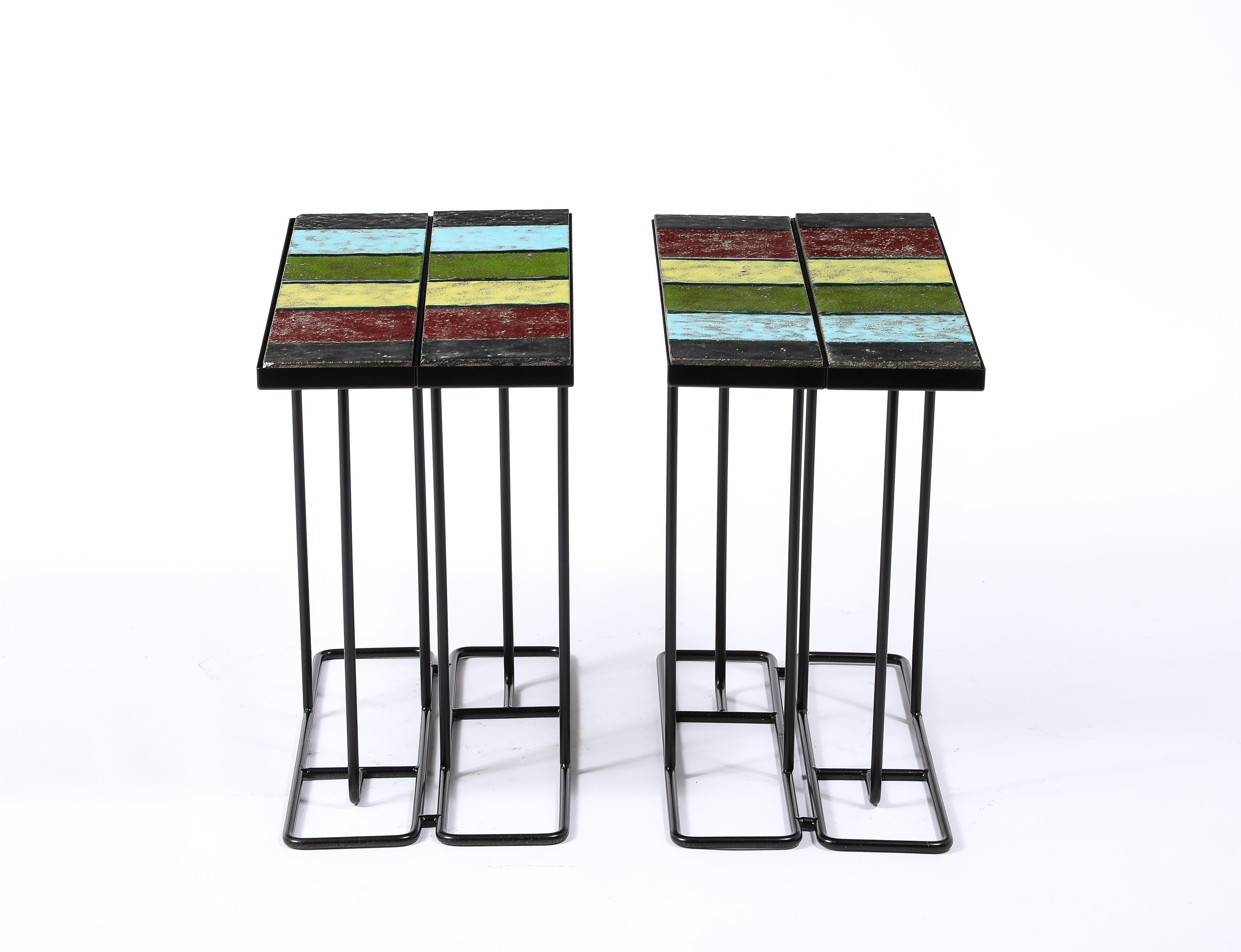 Pair of Enameled Lava Tile Tables, France 1950's For Sale 6