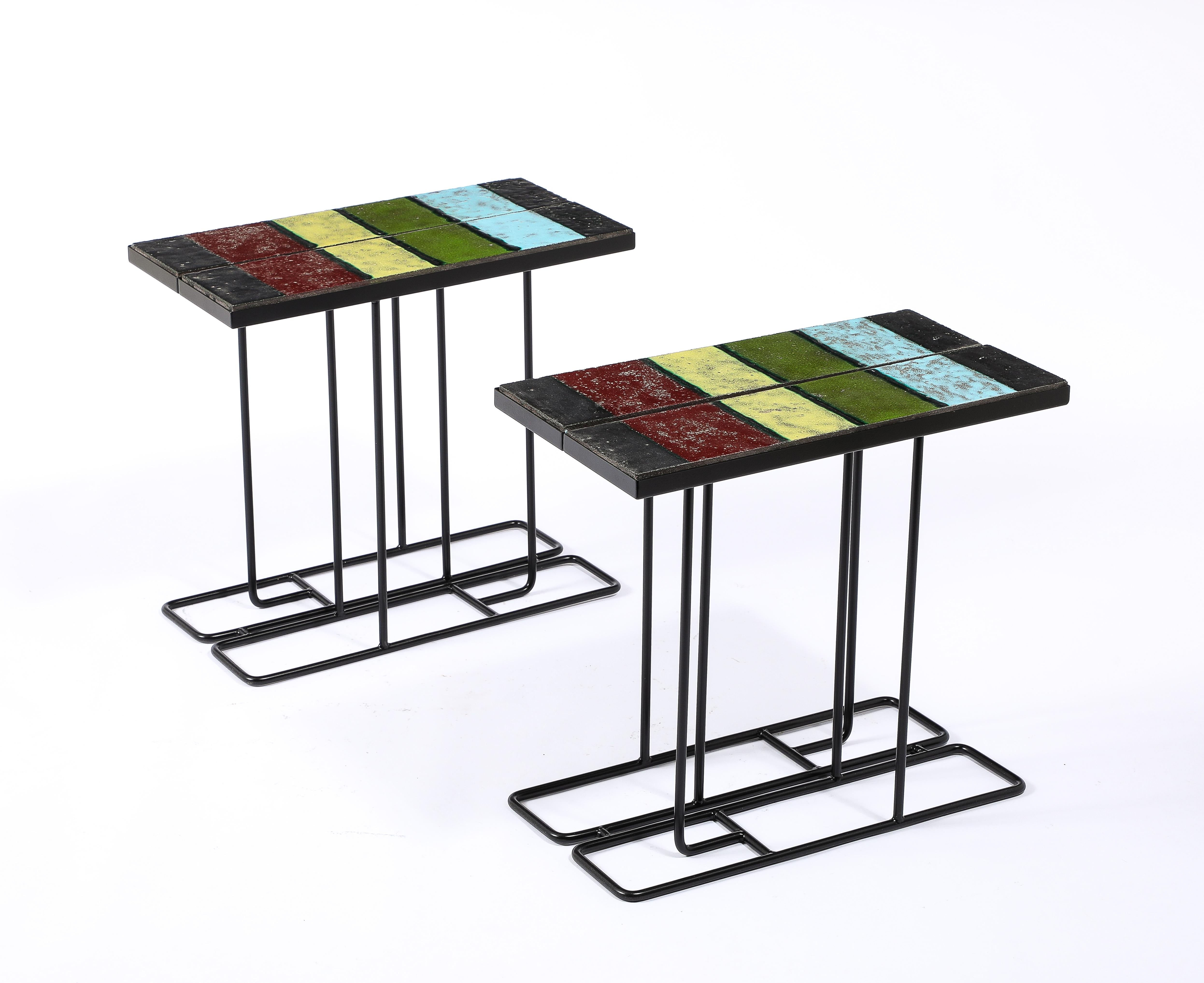 Pair of Enameled Lava Tile Tables, France 1950's For Sale 8