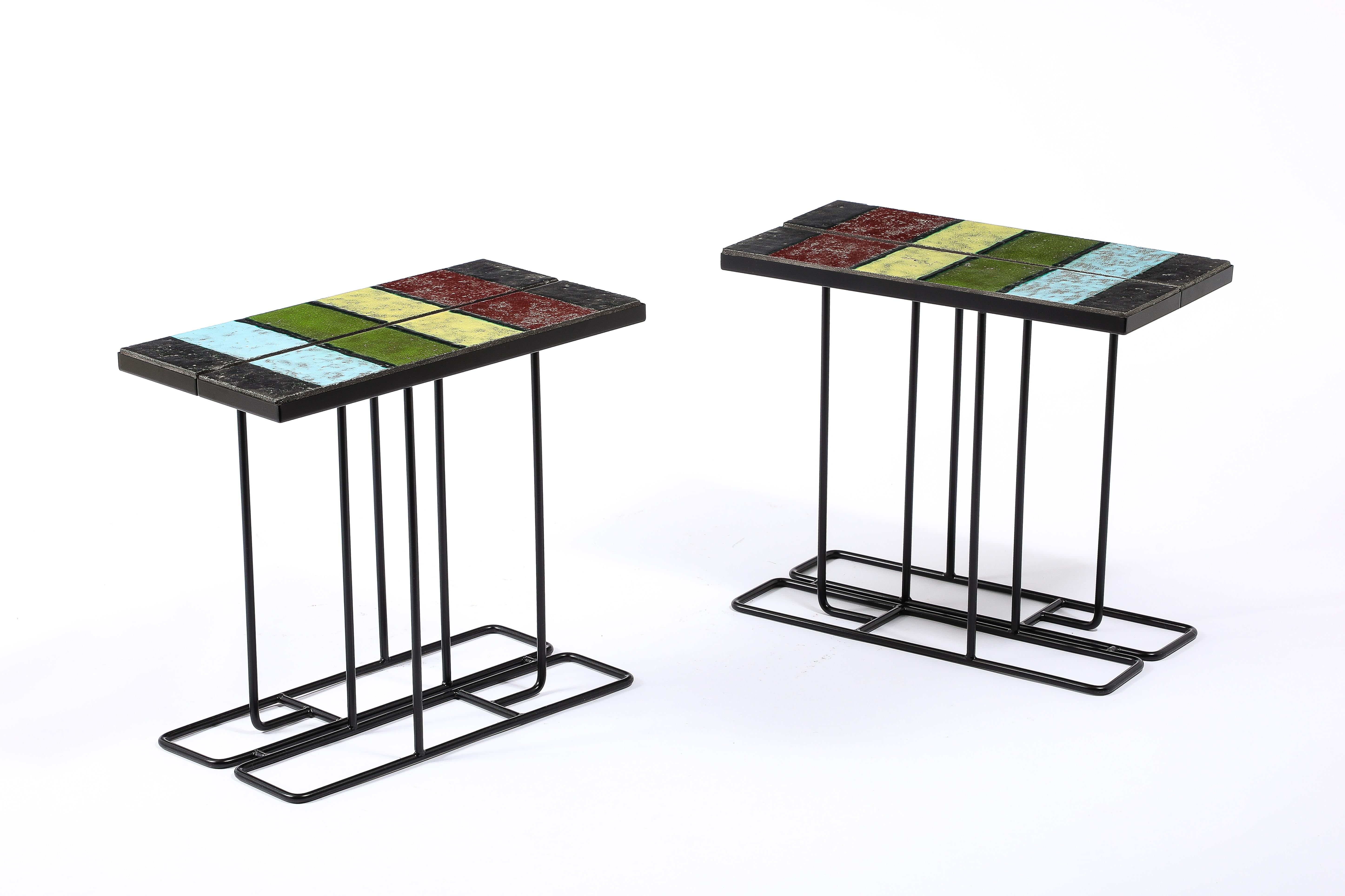 Mid-Century Modern Pair of Enameled Lava Tile Tables, France 1950's For Sale