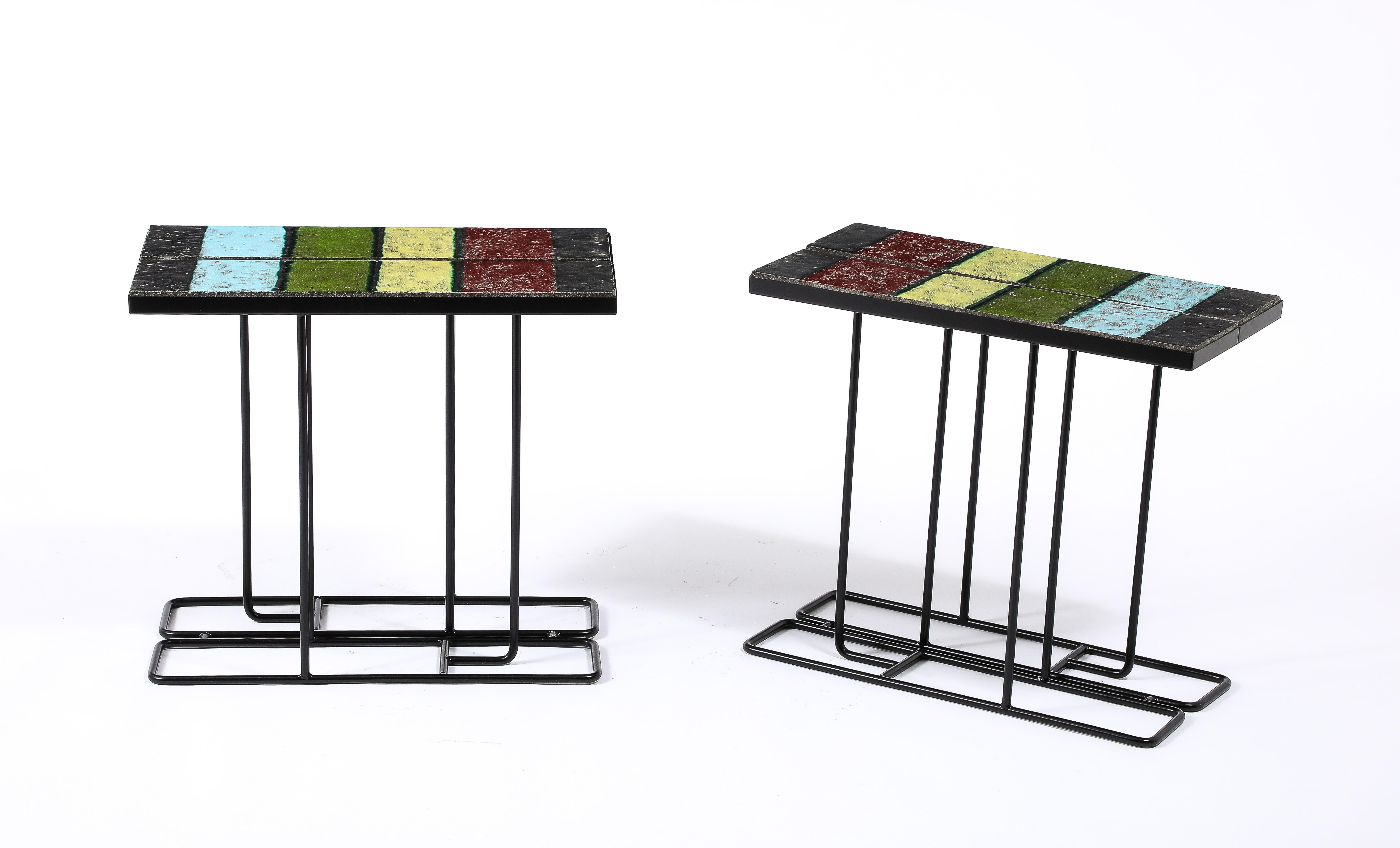 Wrought Iron Pair of Enameled Lava Tile Tables, France 1950's For Sale