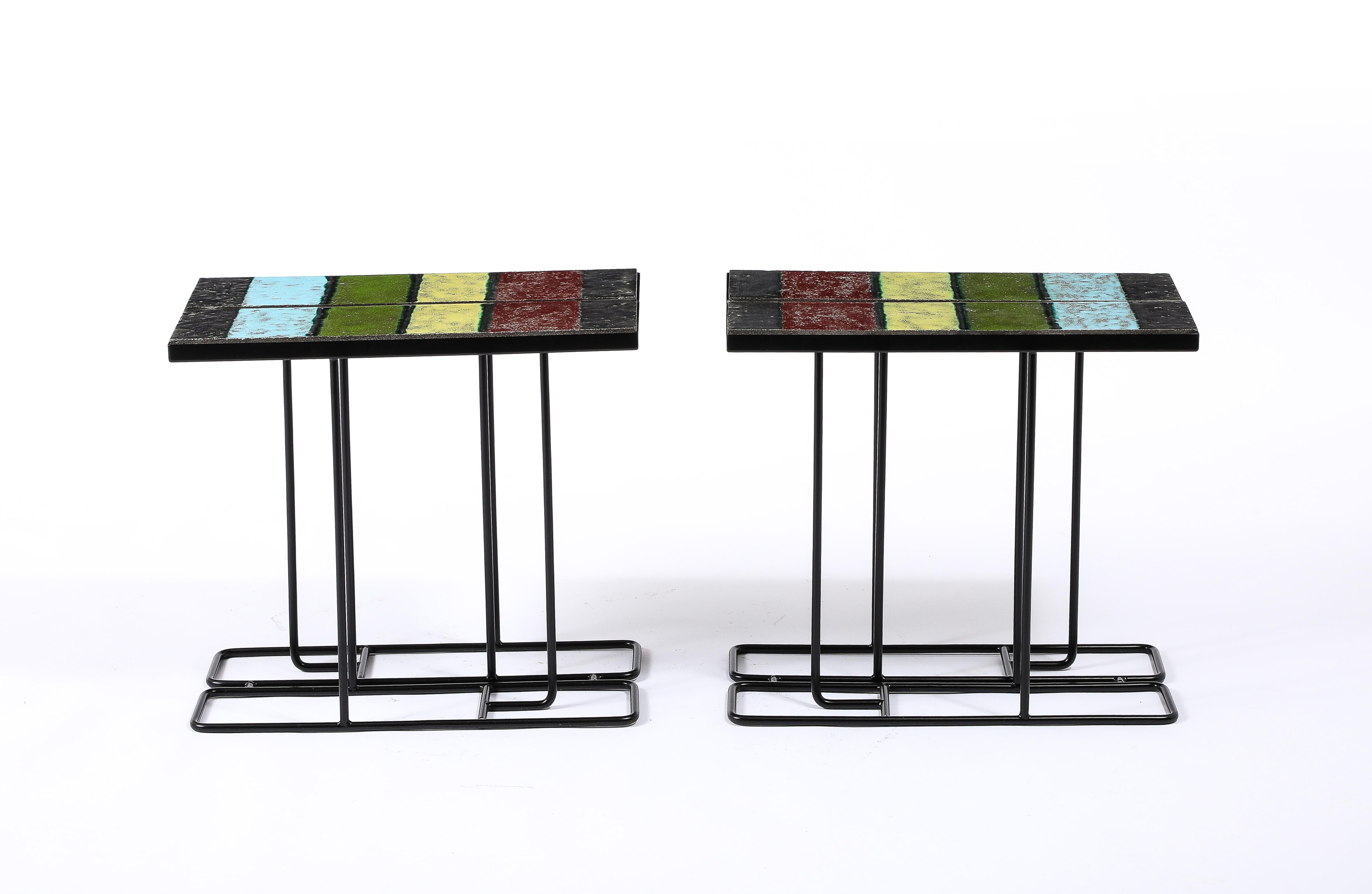 Pair of Enameled Lava Tile Tables, France 1950's For Sale 1