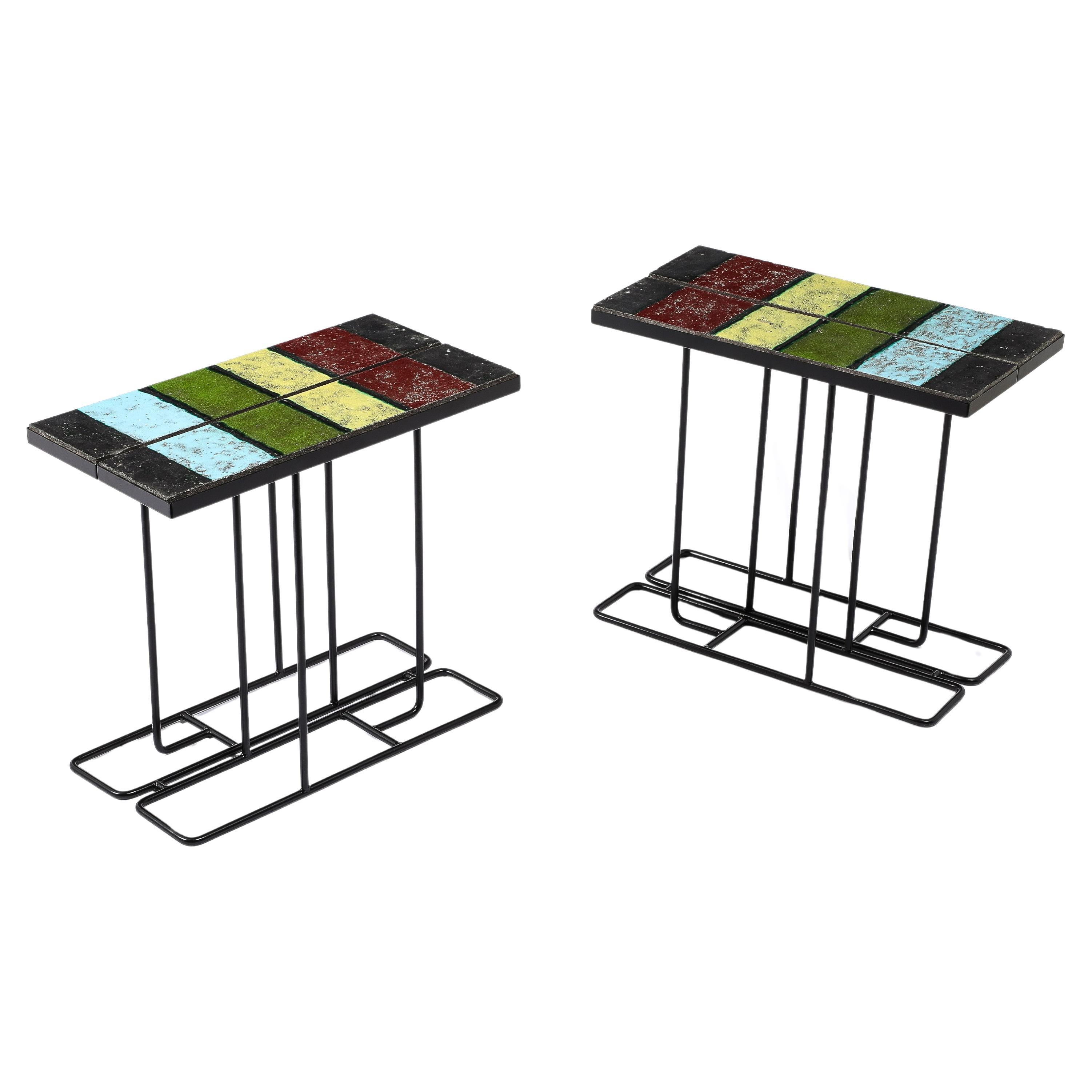 Pair of Enameled Lava Tile Tables, France 1950's For Sale