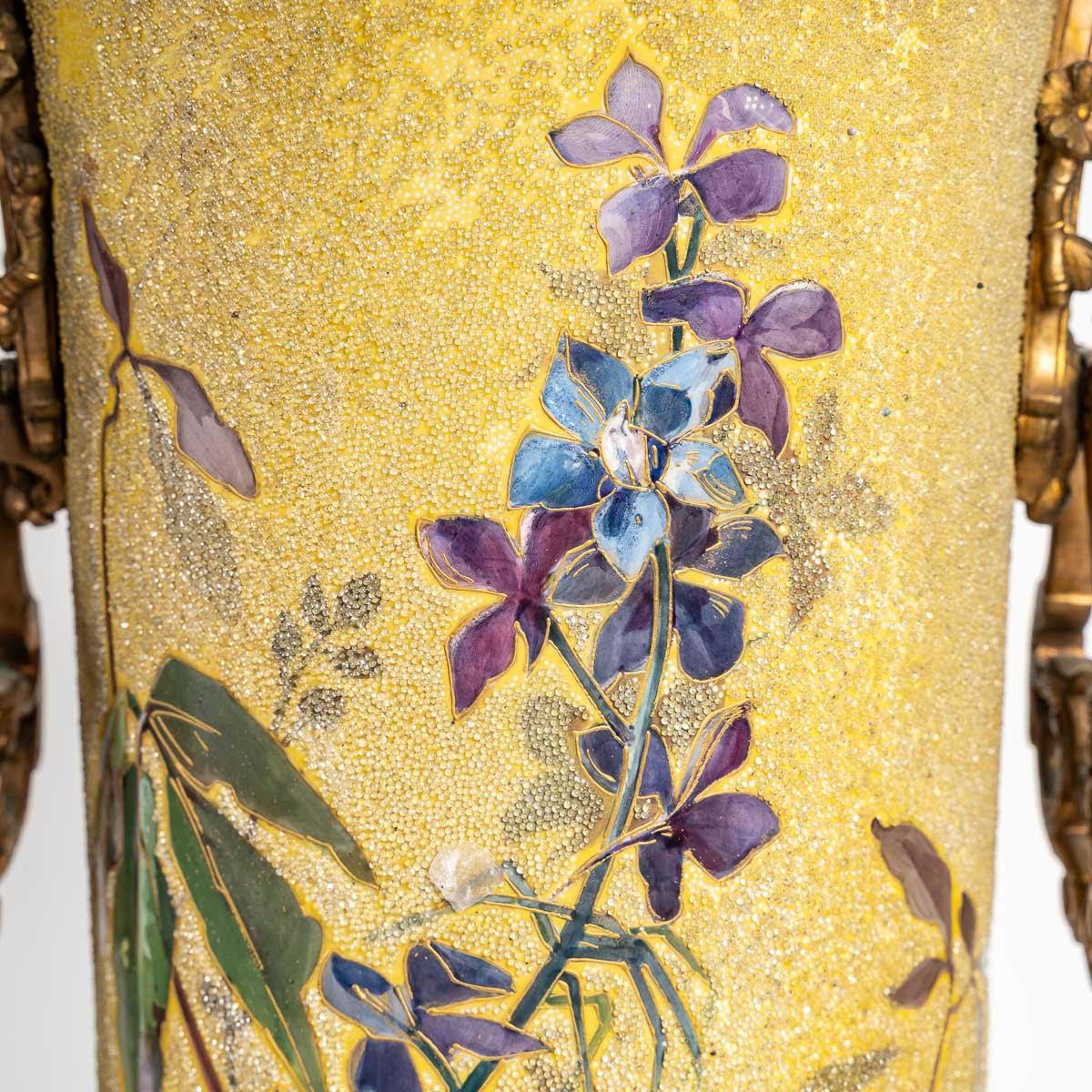 19th Century Pair of Enameled Porcelain, Gilt Bronze and Onyx Vases