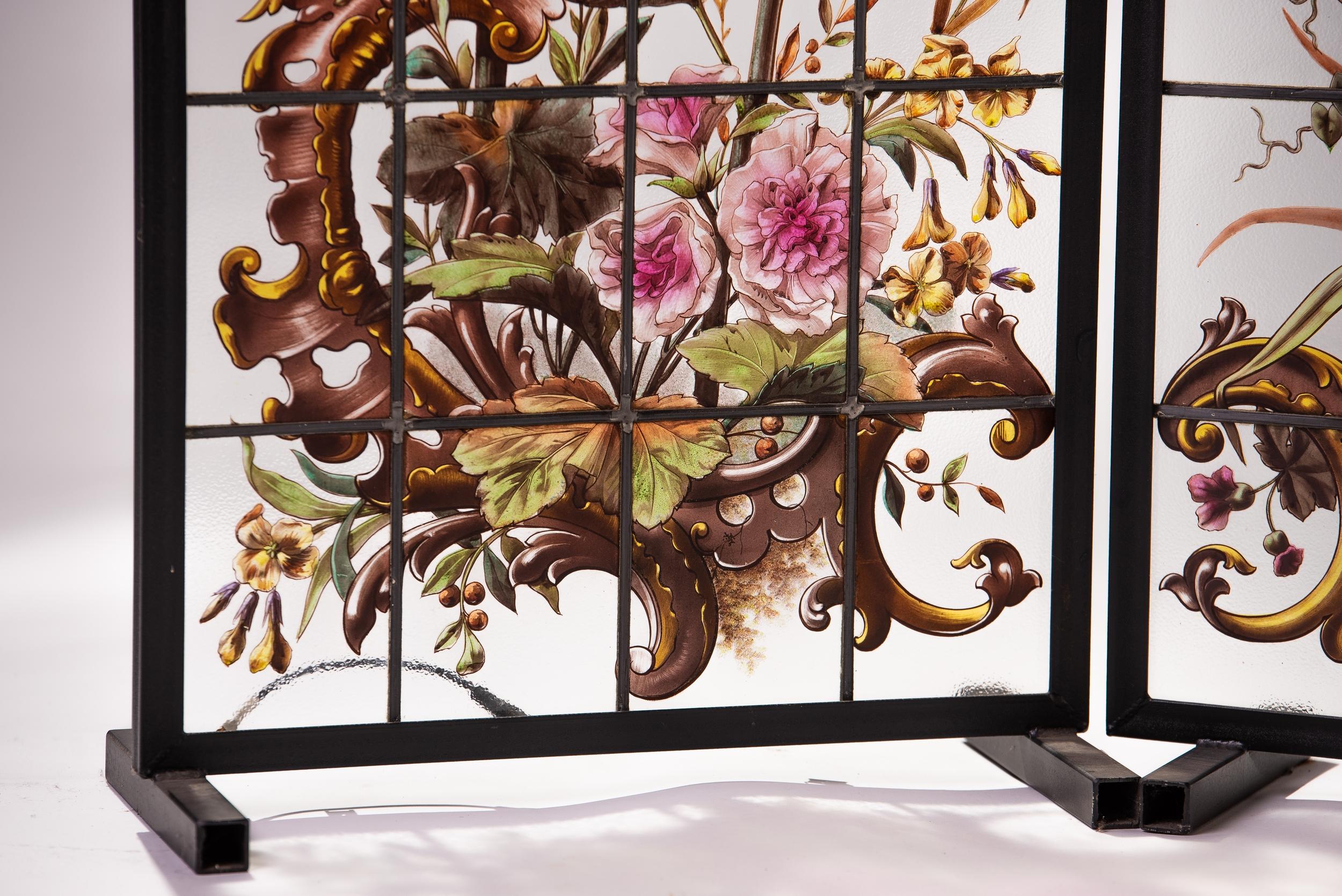 Pair of stained-glass panels (a window), decoration painted with enamel of flowers, cornucopia, bird and insects, France, circa 1880.
In perfect condition.
Measures: Height is 126.5 cm
Each panel measuring 46.5 cm wide.