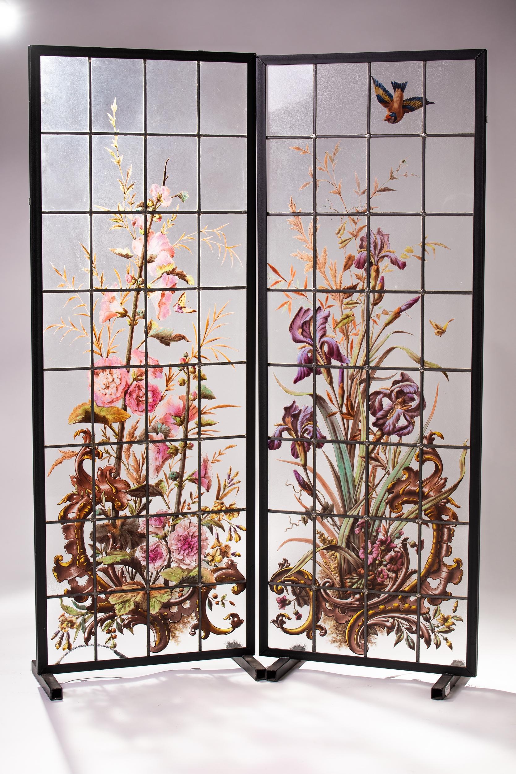 Art Nouveau Pair of Enameled Stained Glass Panels, France, circa 1880