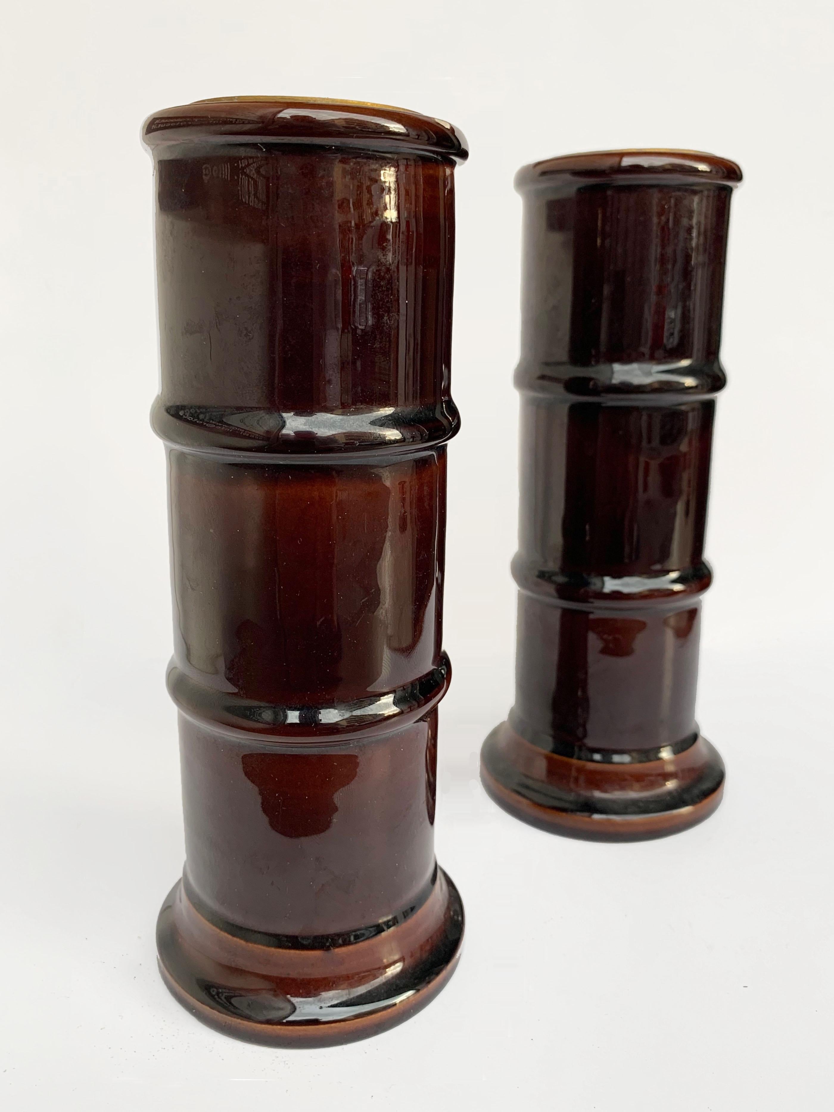 Pair of enamelled ceramic vases. Brown, with brass candleholder. Signed Italy, P 366.