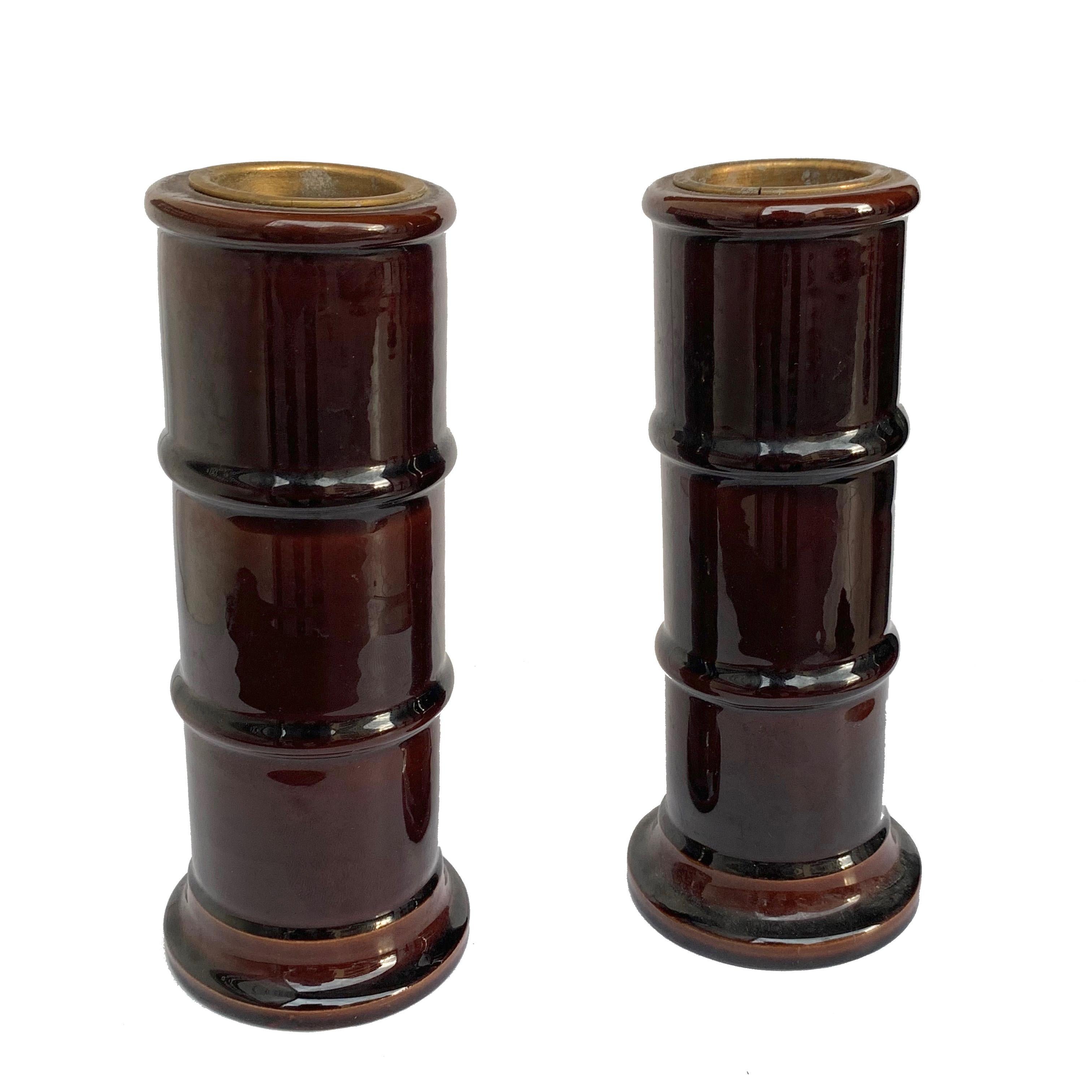 Mid-Century Modern Pair of Enamelled Ceramic Vases, Brown, Candleholder, Signed Italy, 1970s bamboo