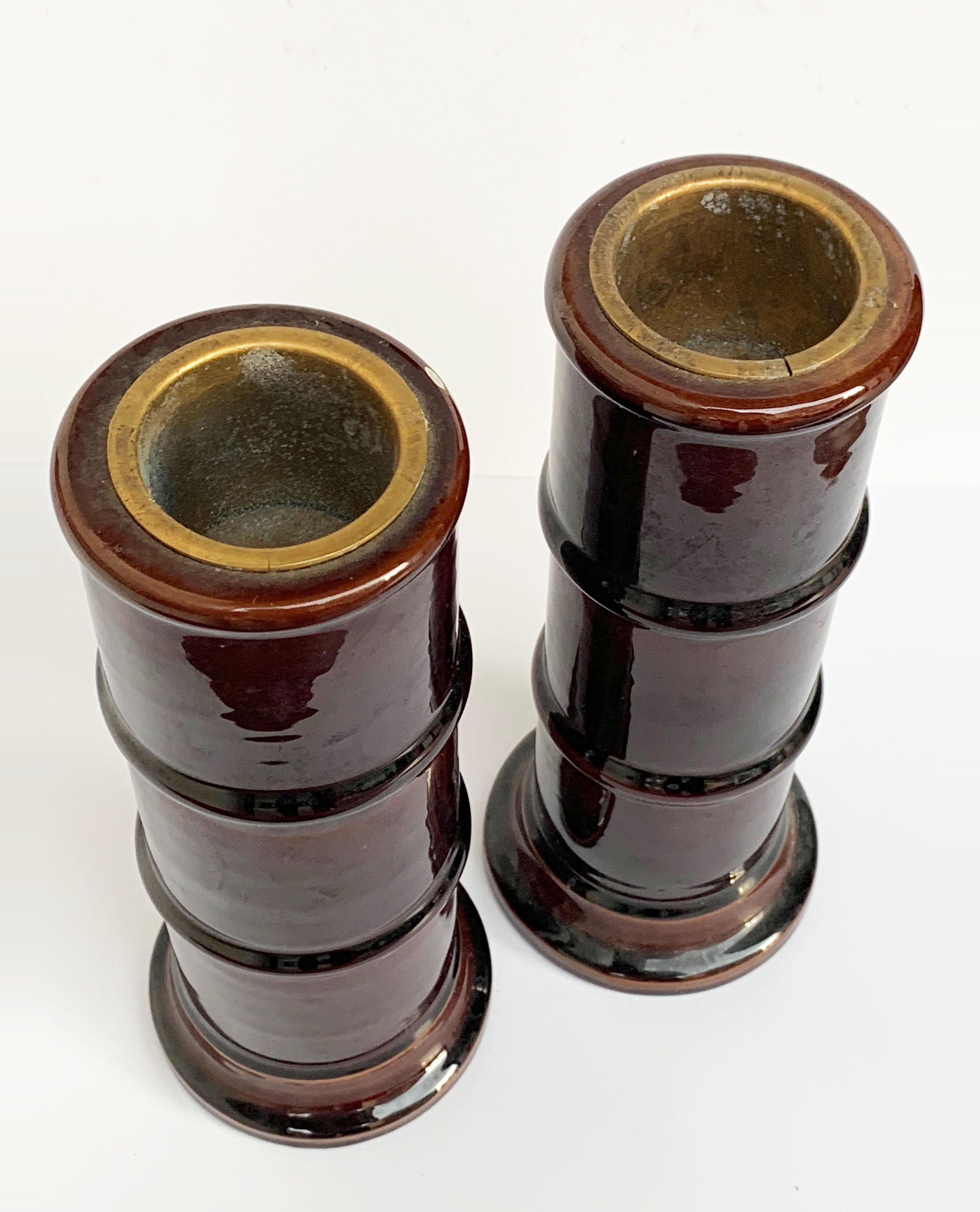 Enameled Pair of Enamelled Ceramic Vases, Brown, Candleholder, Signed Italy, 1970s bamboo