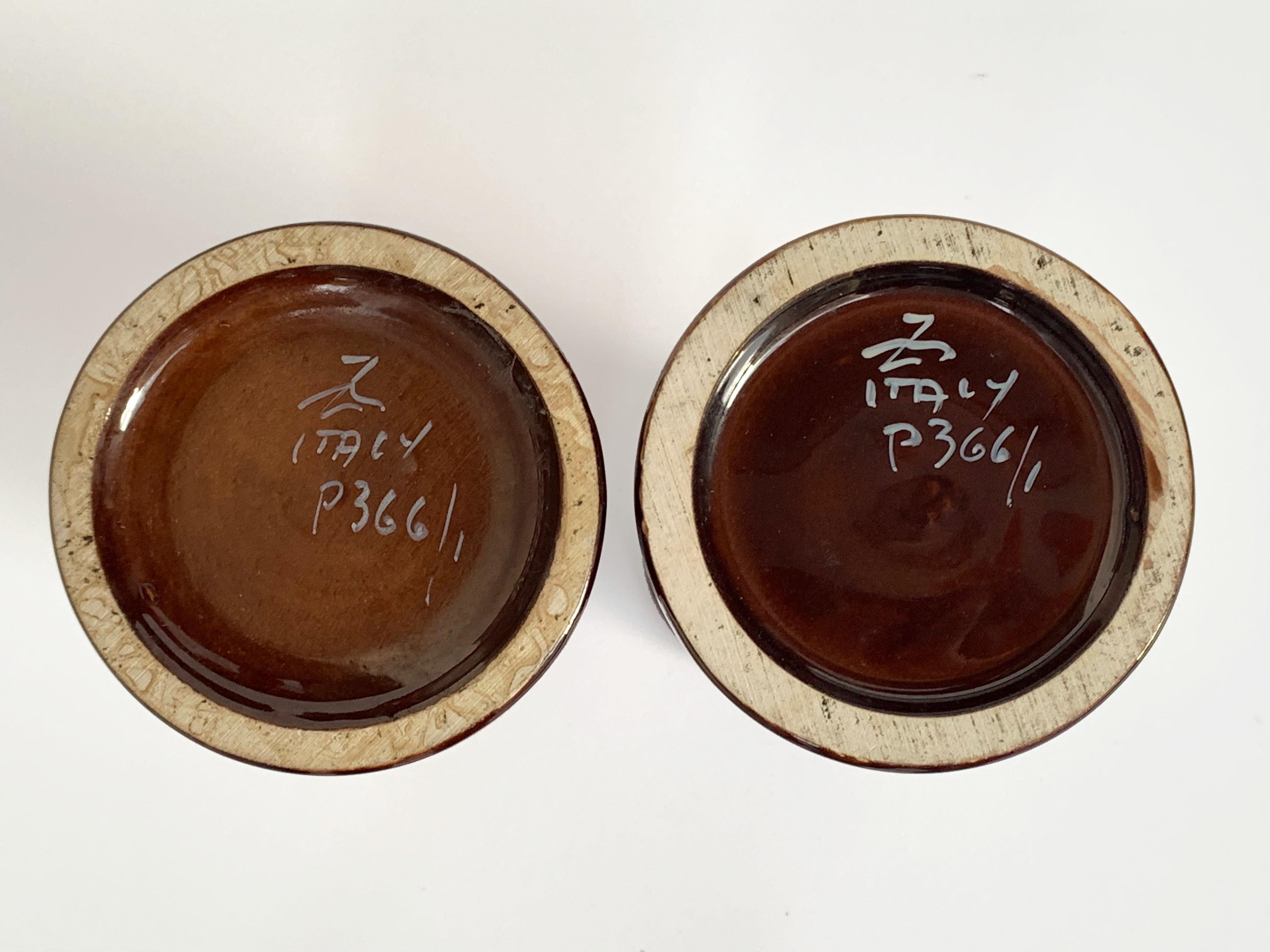 20th Century Pair of Enamelled Ceramic Vases, Brown, Candleholder, Signed Italy, 1970s bamboo