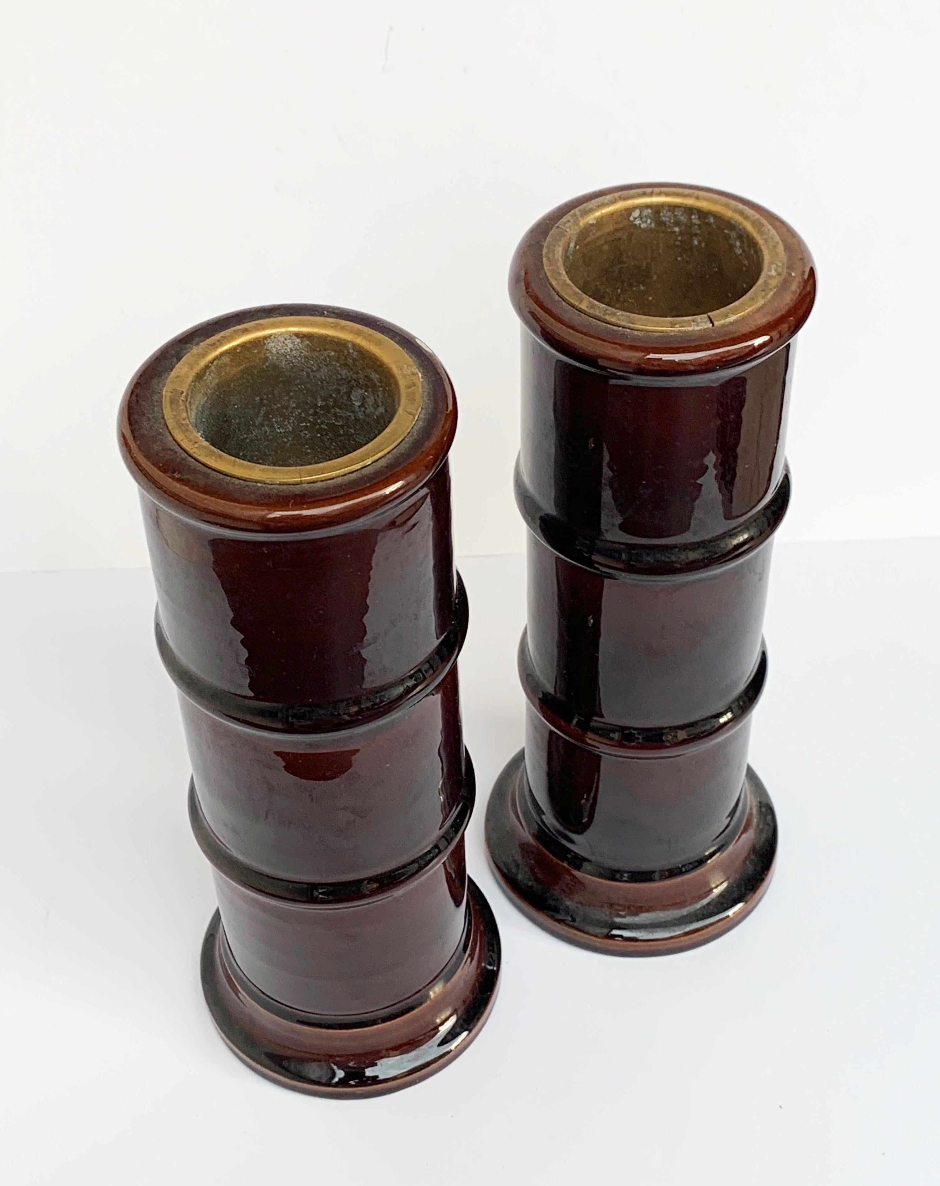 Pair of Enamelled Ceramic Vases, Brown, Candleholder, Signed Italy, 1970s bamboo 1