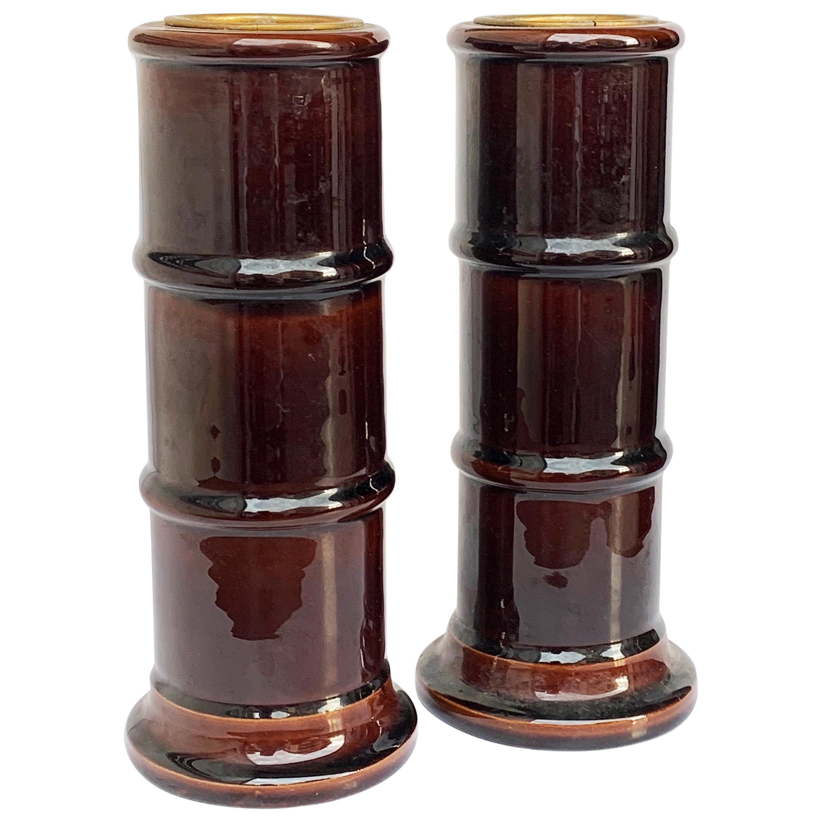 Pair of Enamelled Ceramic Vases, Brown, Candleholder, Signed Italy, 1970s bamboo