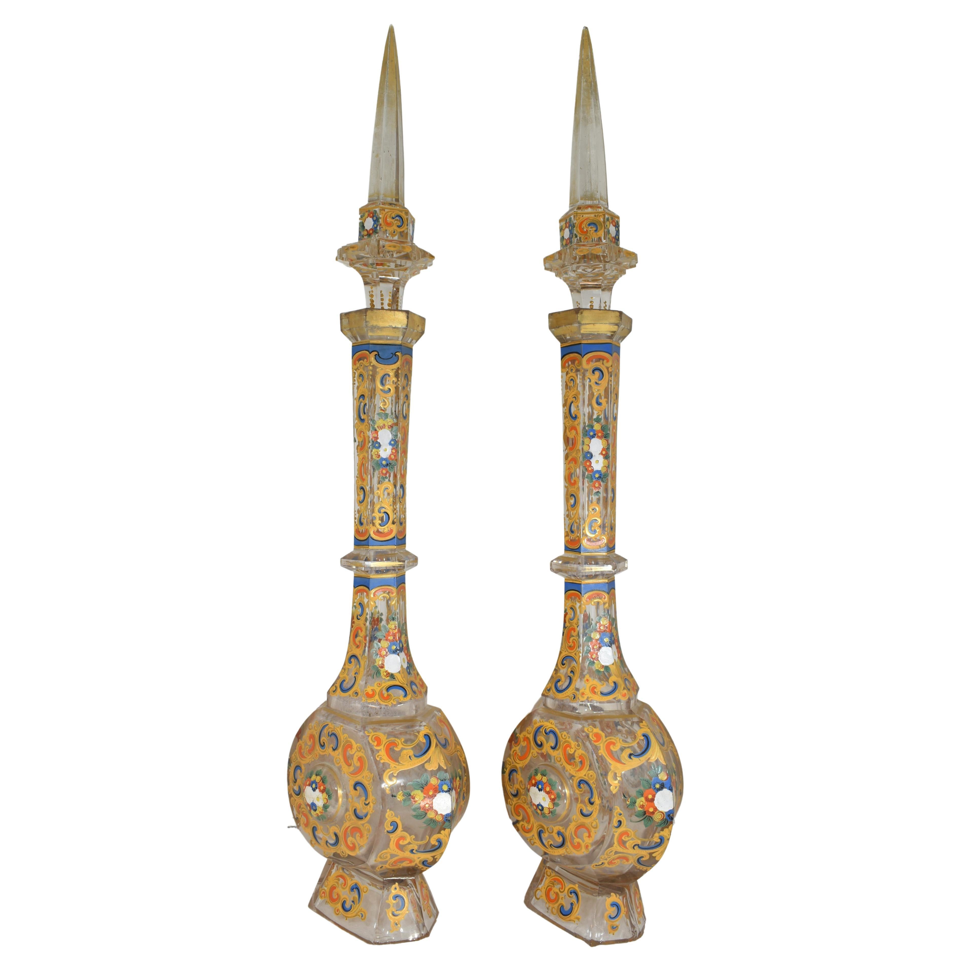 Czech Pair of Enamelled Cut-Glass Decanters, Bohemian for Ottoman Market 19th Century For Sale
