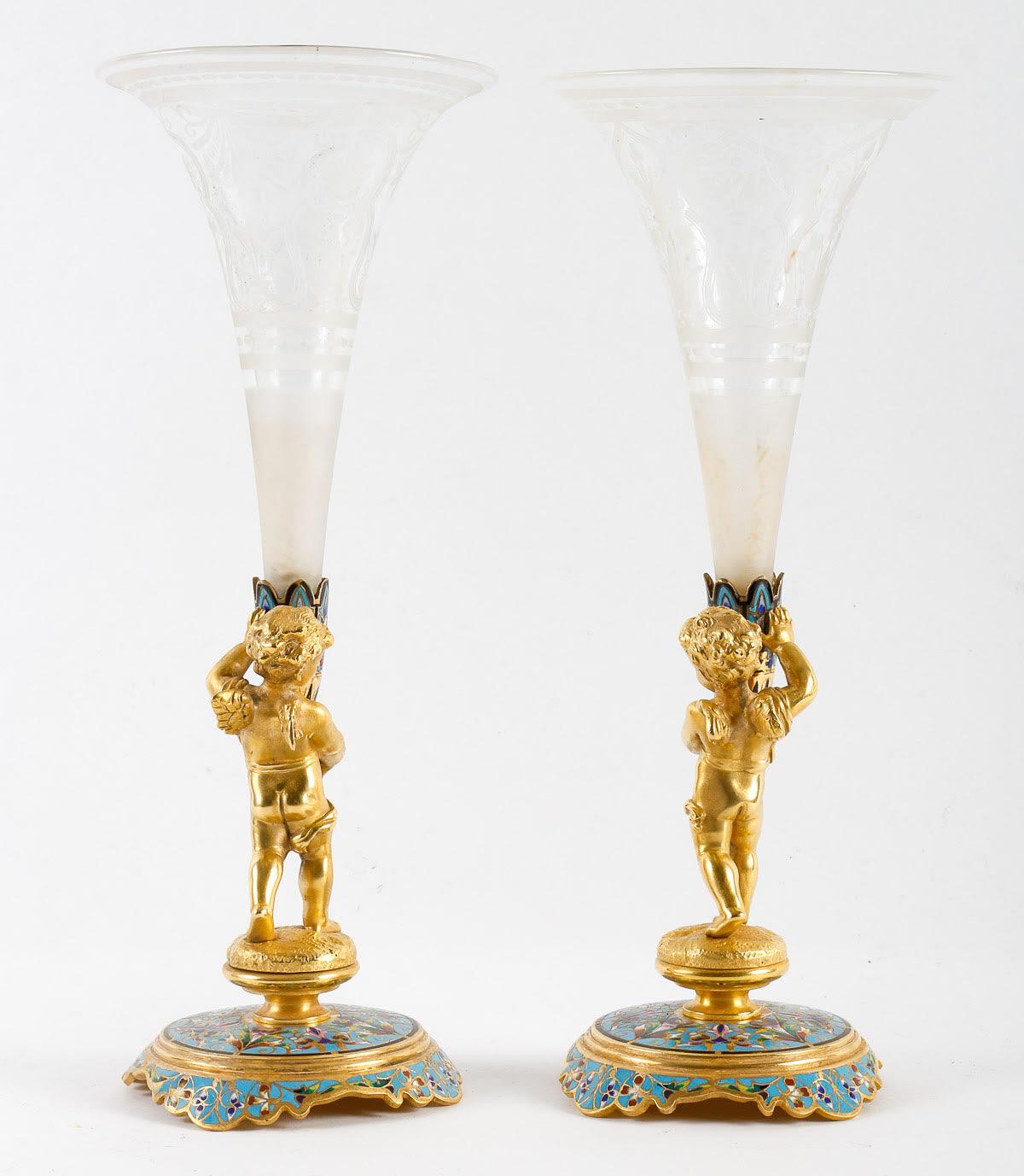 French Pair of Enamelled Gilt Bronze and Crystal Cornets, 19th Century.