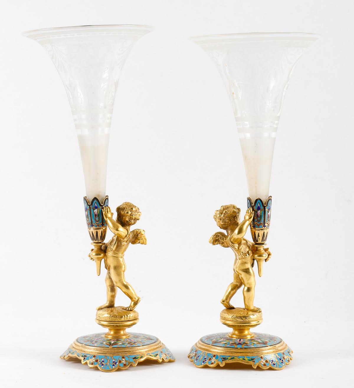 Pair of Enamelled Gilt Bronze and Crystal Cornets, 19th Century. In Good Condition In Saint-Ouen, FR