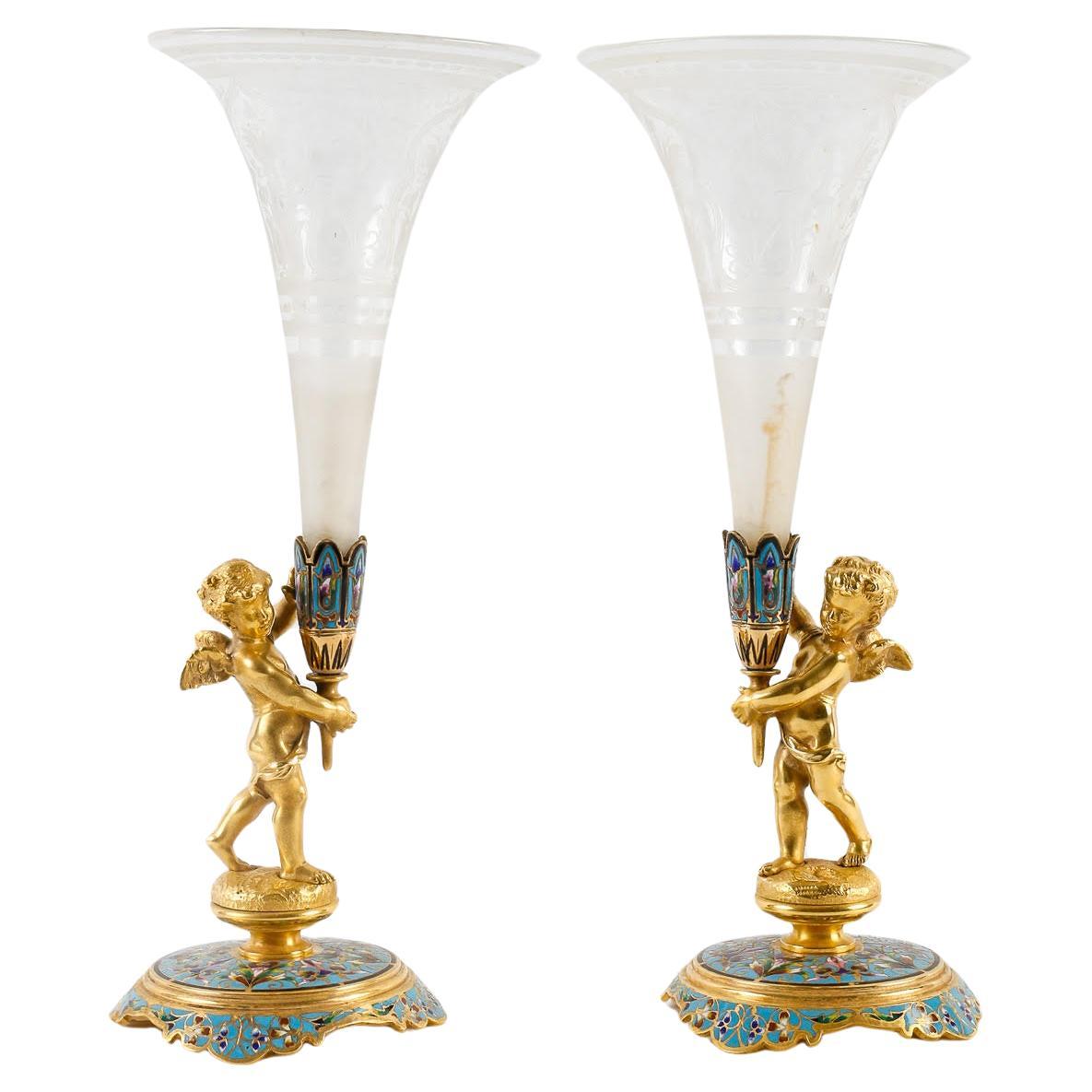 Pair of Enamelled Gilt Bronze and Crystal Cornets, 19th Century.