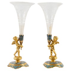 Pair of Enamelled Gilt Bronze and Crystal Cornets, 19th Century.