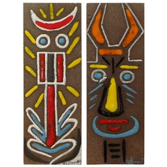Pair of Enamelled Lava Plates with Faces Decoration by Michel Clément, 1950s