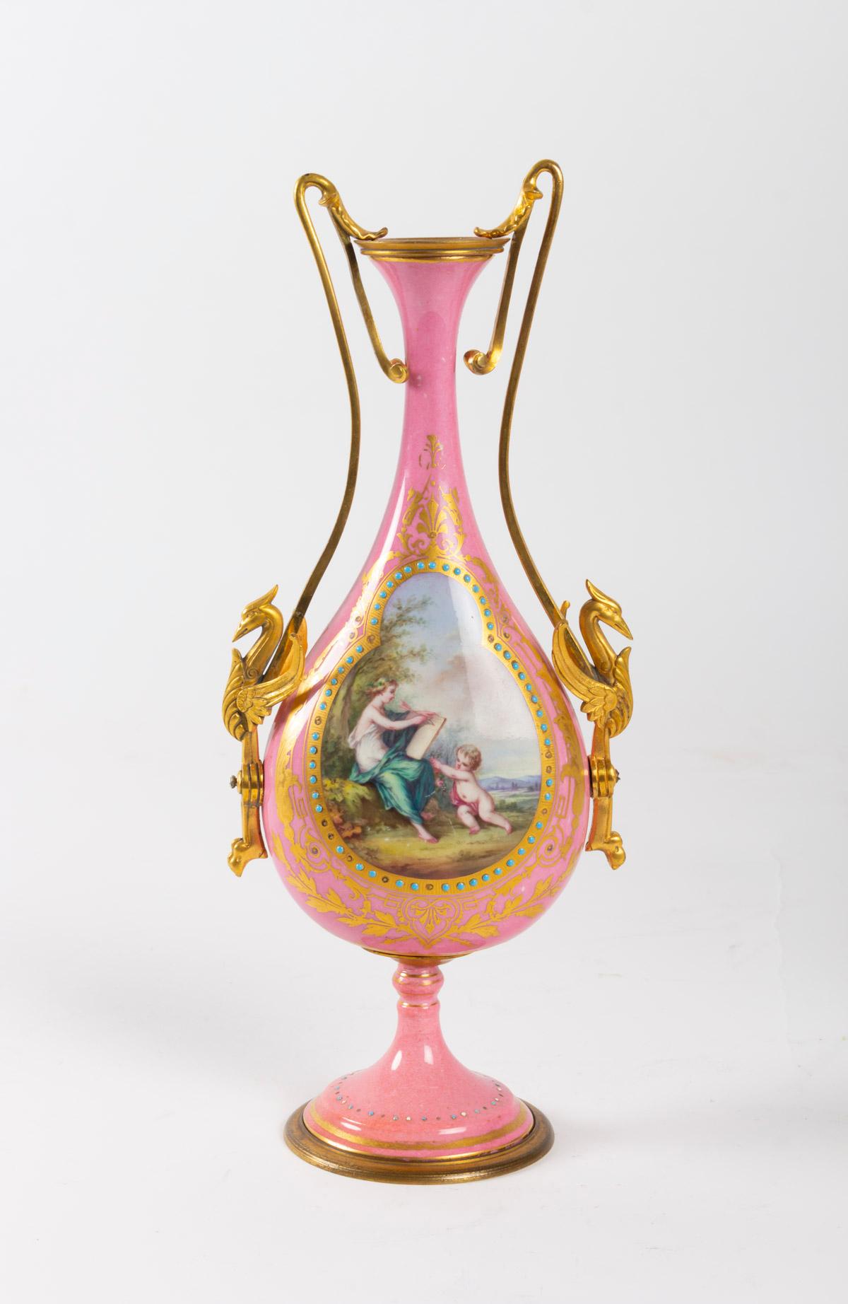 French Pair of Enameled Porcelain and Gilded Bronze Vases, Napoleon III Period