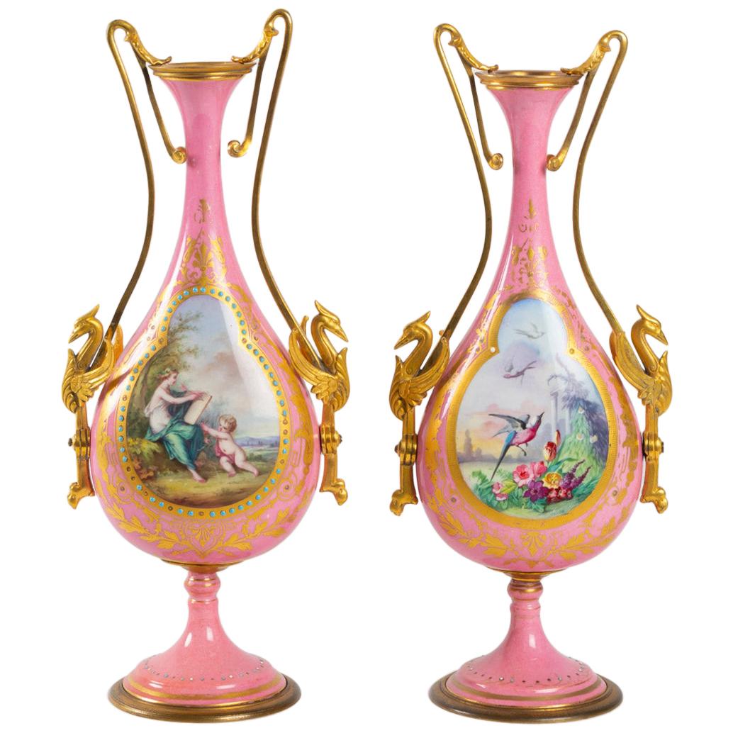 Pair of Enameled Porcelain and Gilded Bronze Vases, Napoleon III Period