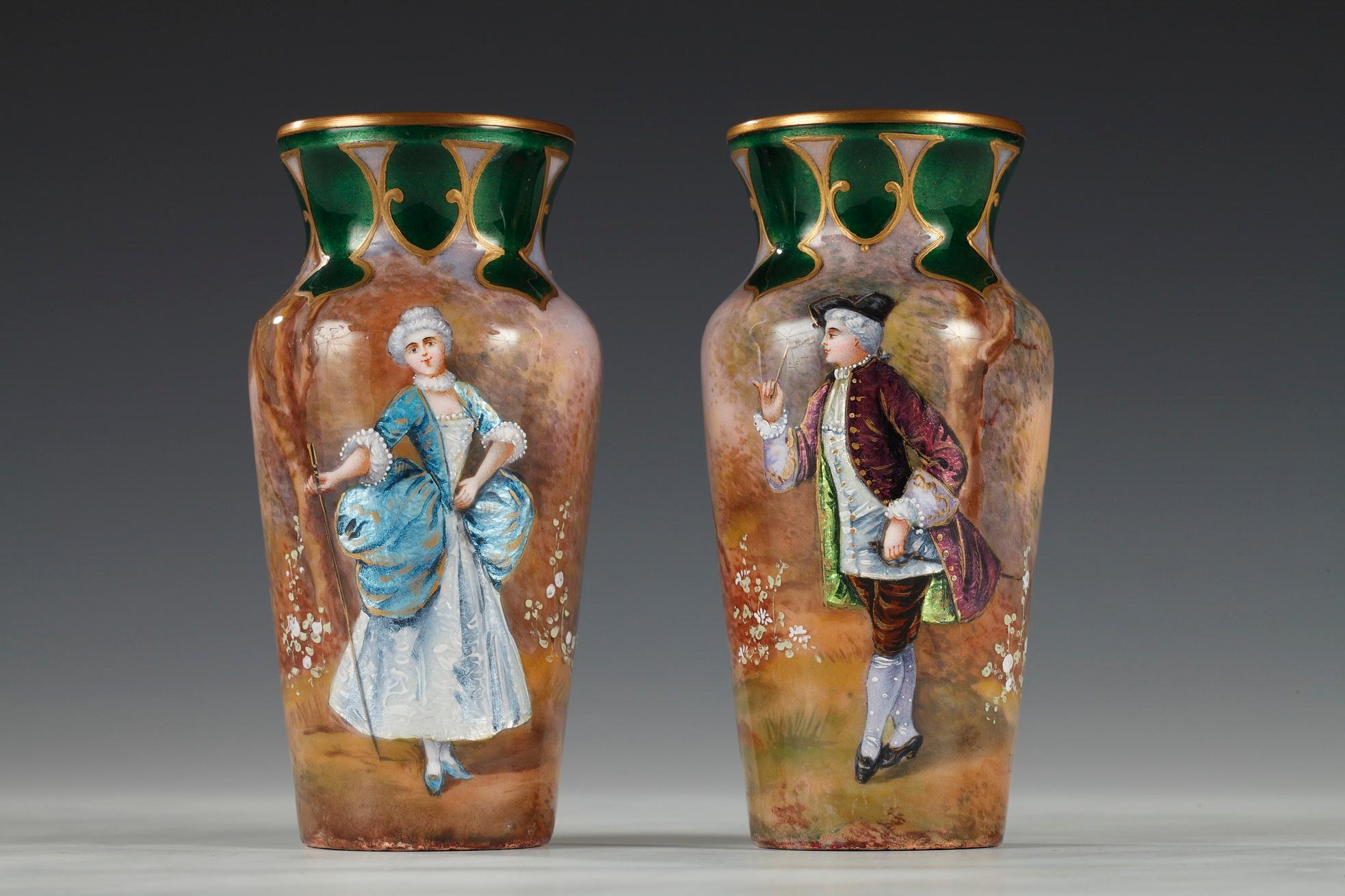 Charming pair of tight neck vases made in Limoges enamel on copper decors of galante scenes characters, the Marquis and Marquise.