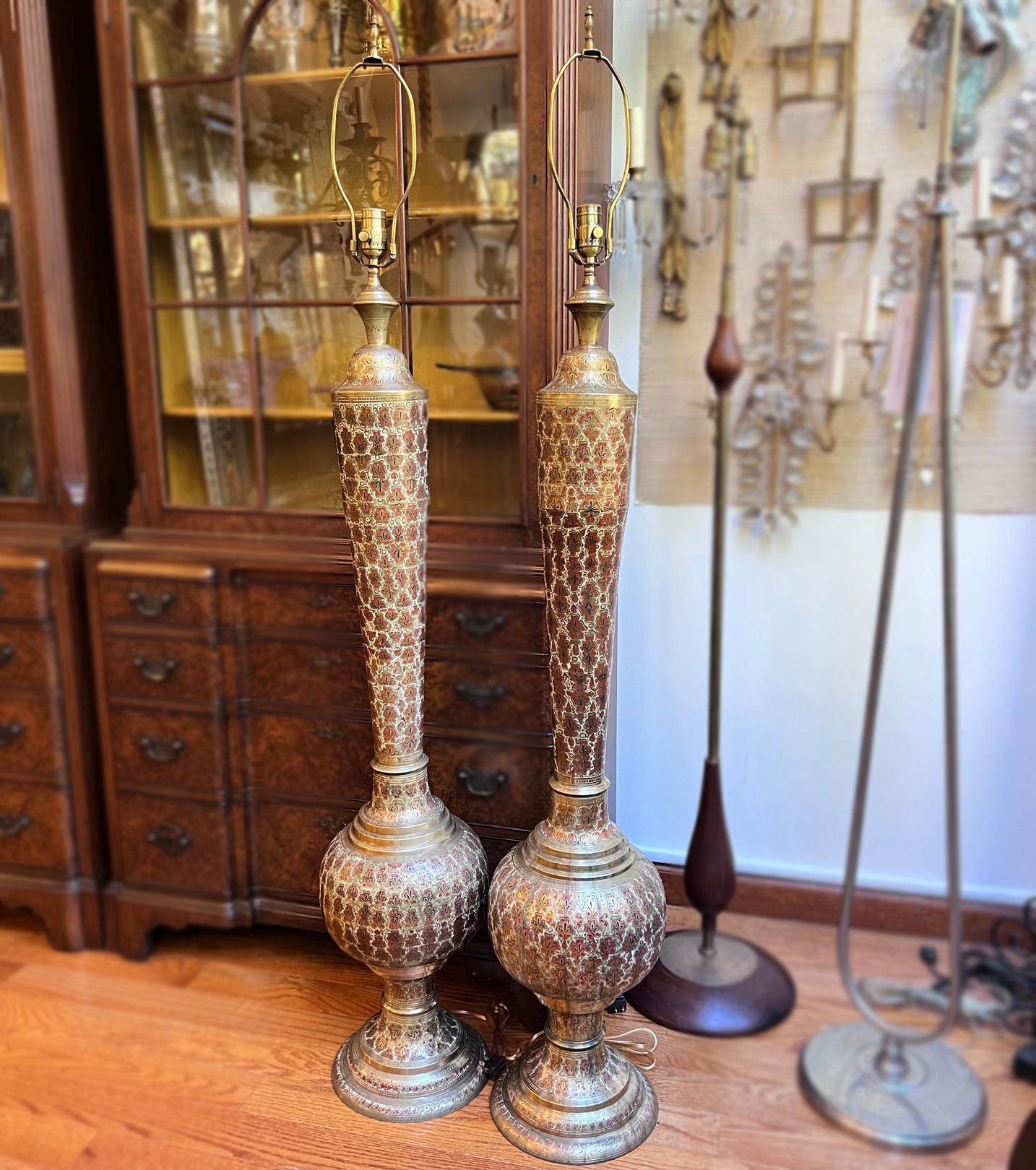 Brass Pair of Enammeled Bronze Table Lamps For Sale