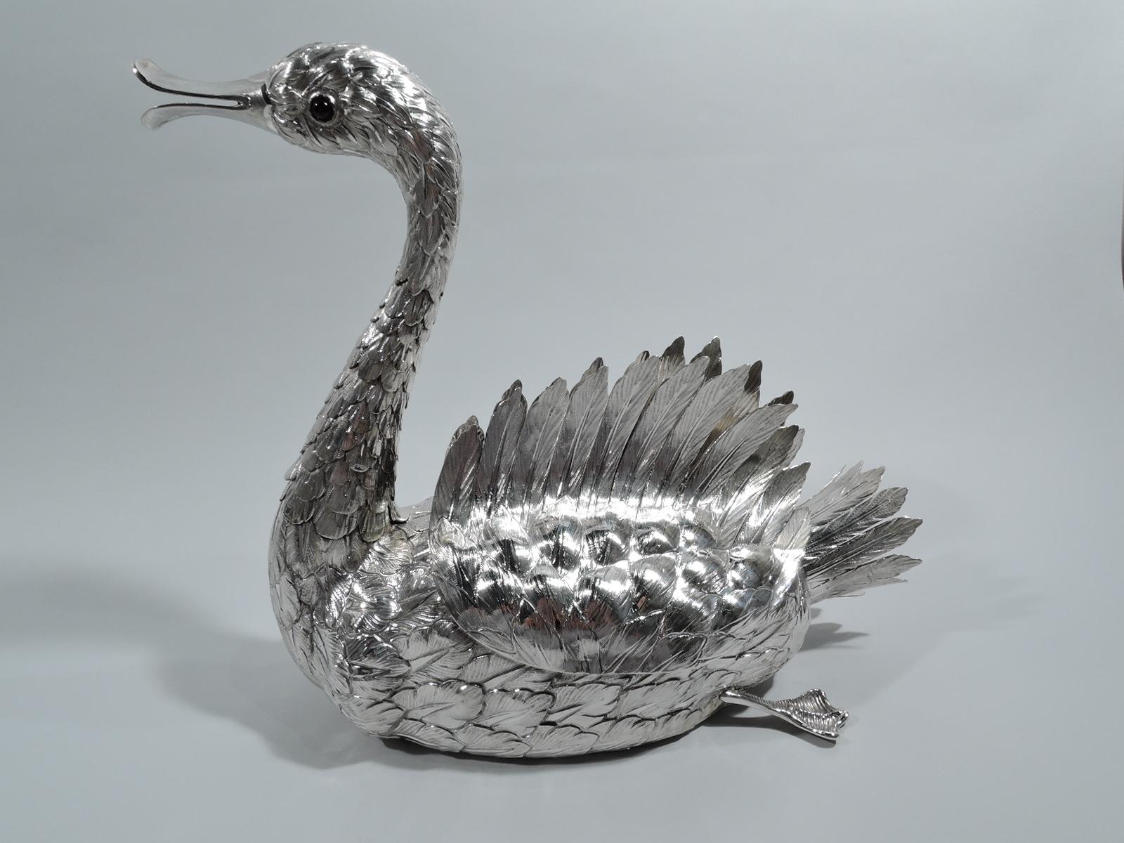 Portuguese Pair of Enchanting Silver Swan Bird Centerpiece Bowls