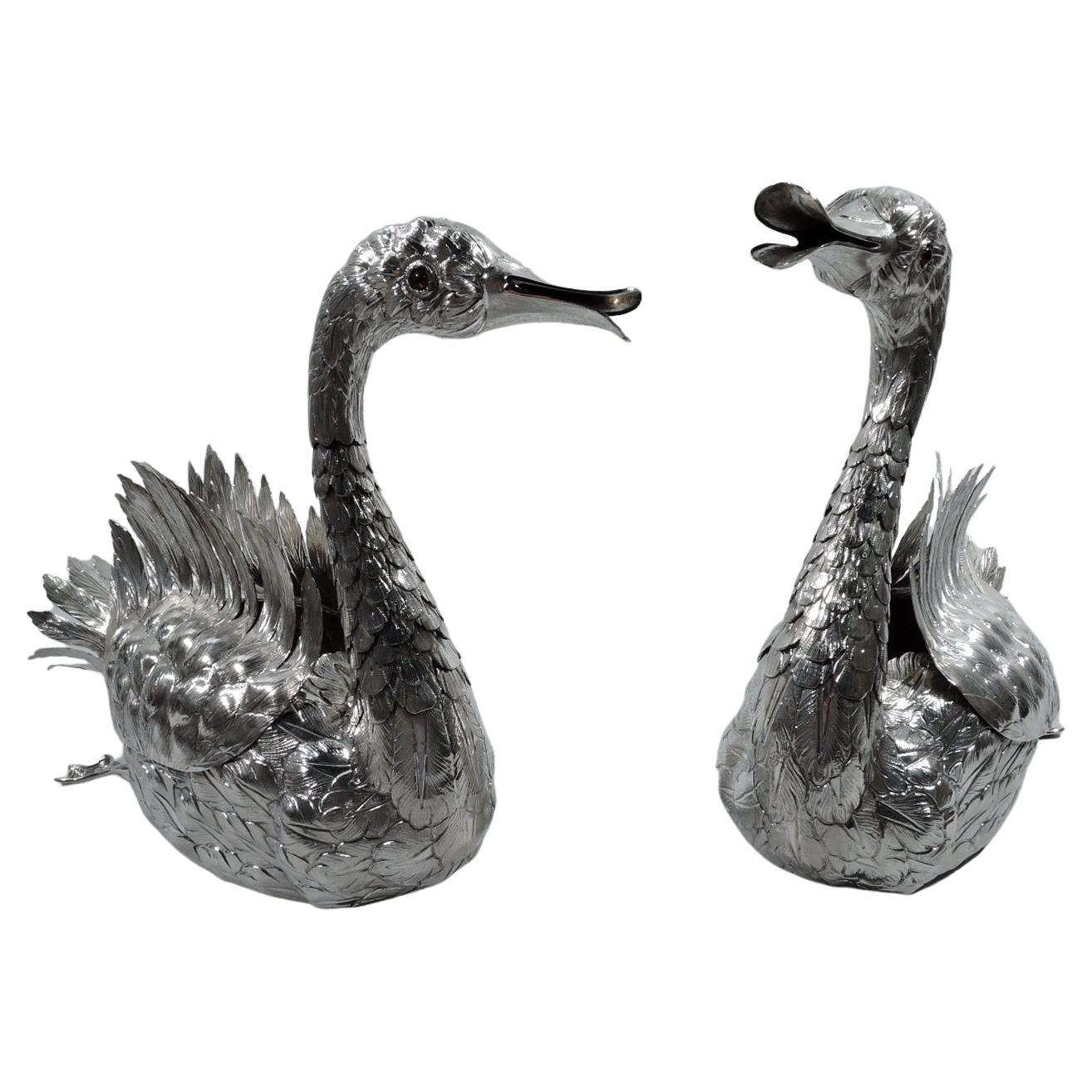 Pair of Enchanting Silver Swan Bird Centerpiece Bowls