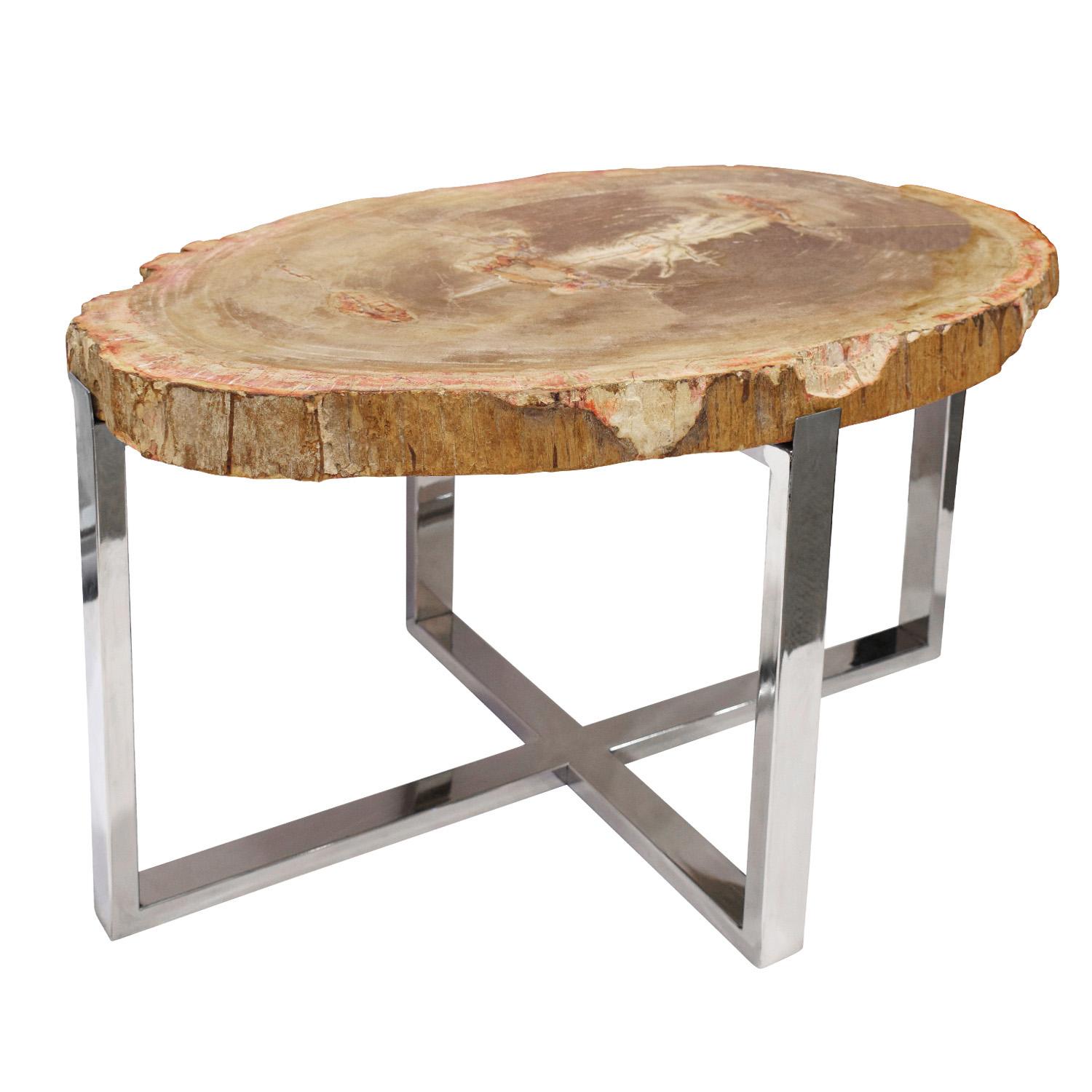 Modern Pair of End/Coffee Tables in Polished Chrome with Petrified Wood Tops 1990s For Sale