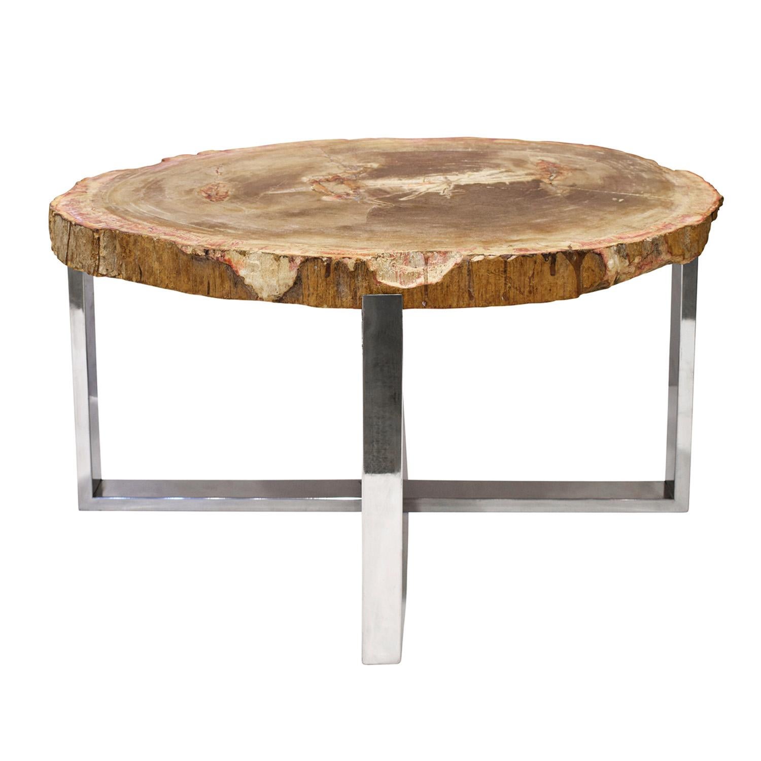 American Pair of End/Coffee Tables in Polished Chrome with Petrified Wood Tops 1990s For Sale