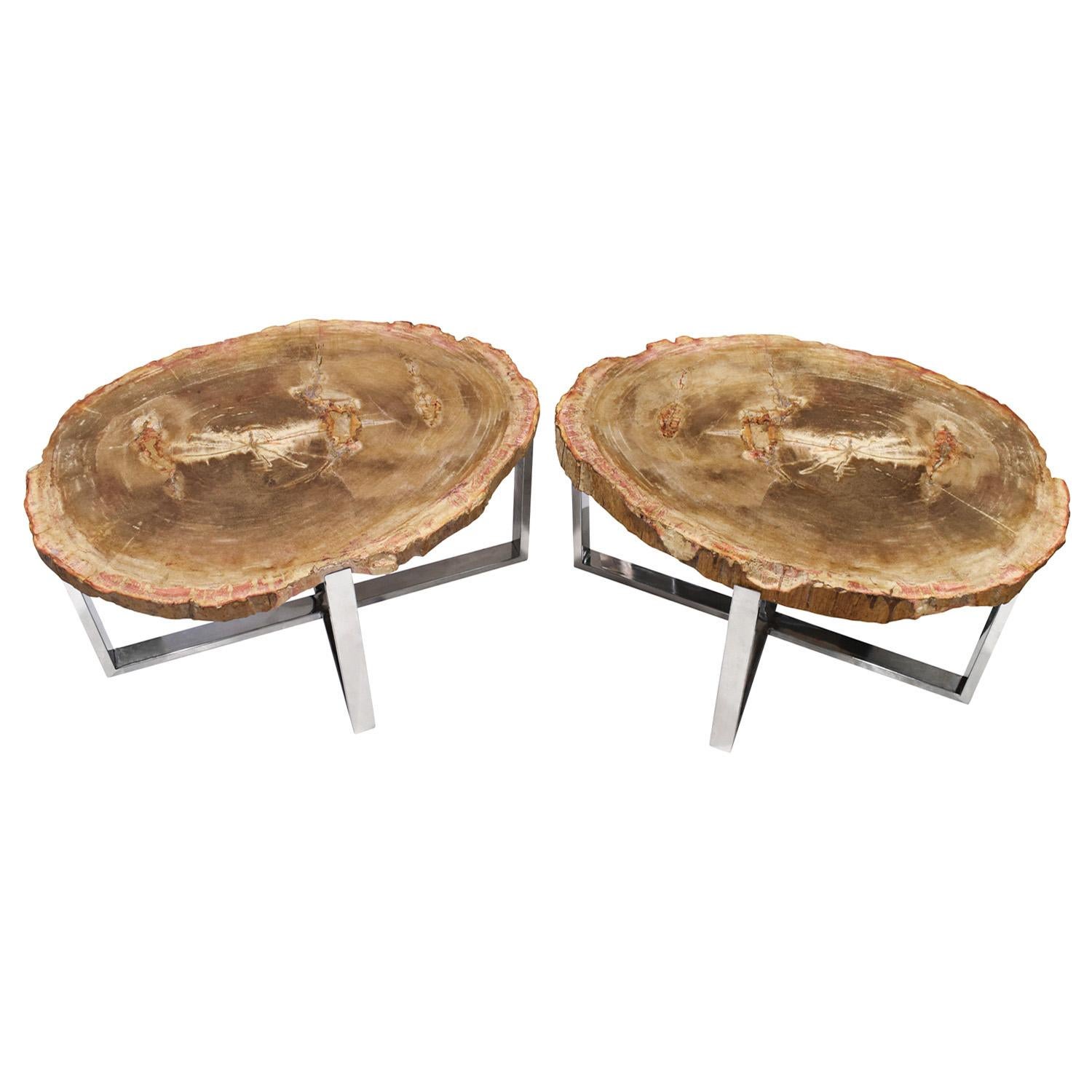 Hand-Crafted Pair of End/Coffee Tables in Polished Chrome with Petrified Wood Tops 1990s For Sale