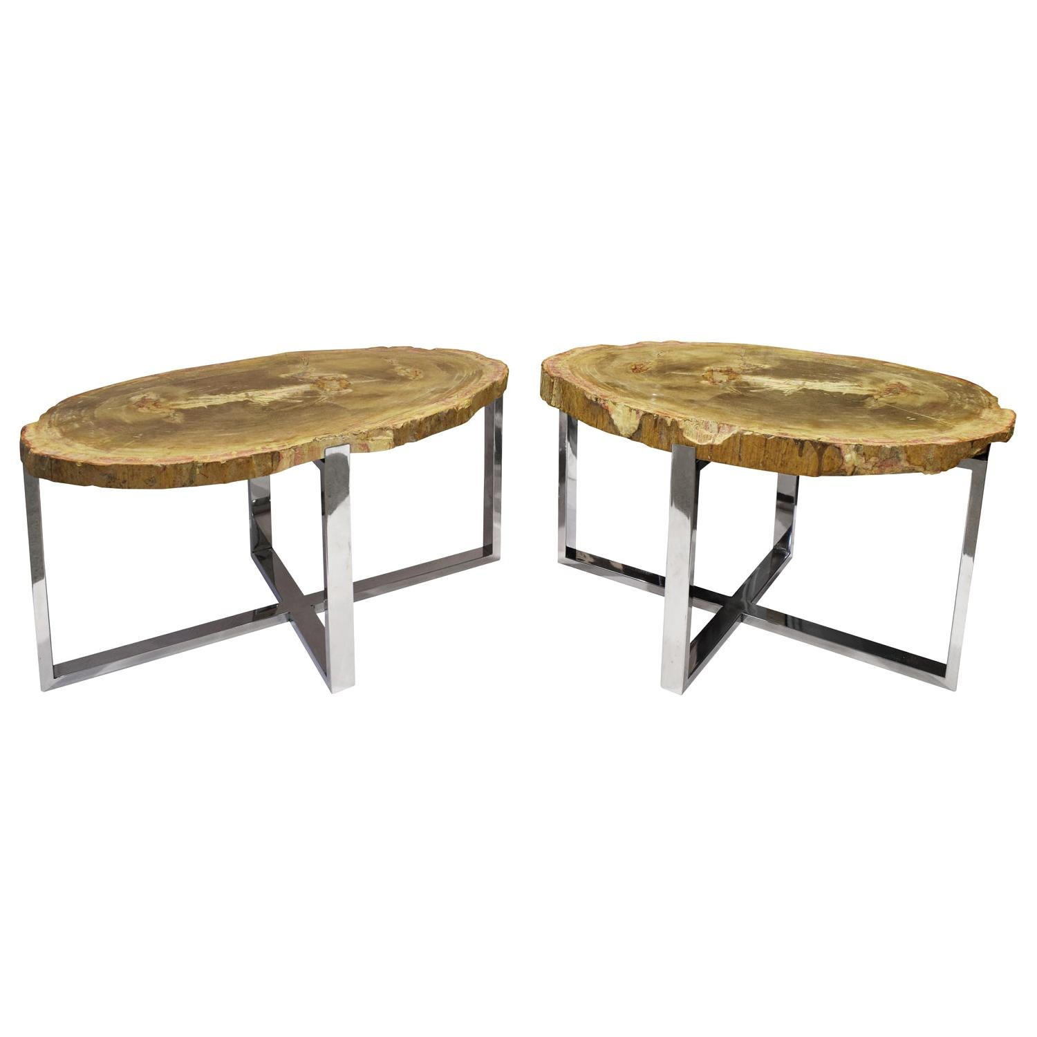 Pair of End/Coffee Tables in Polished Chrome with Petrified Wood Tops, 1990s