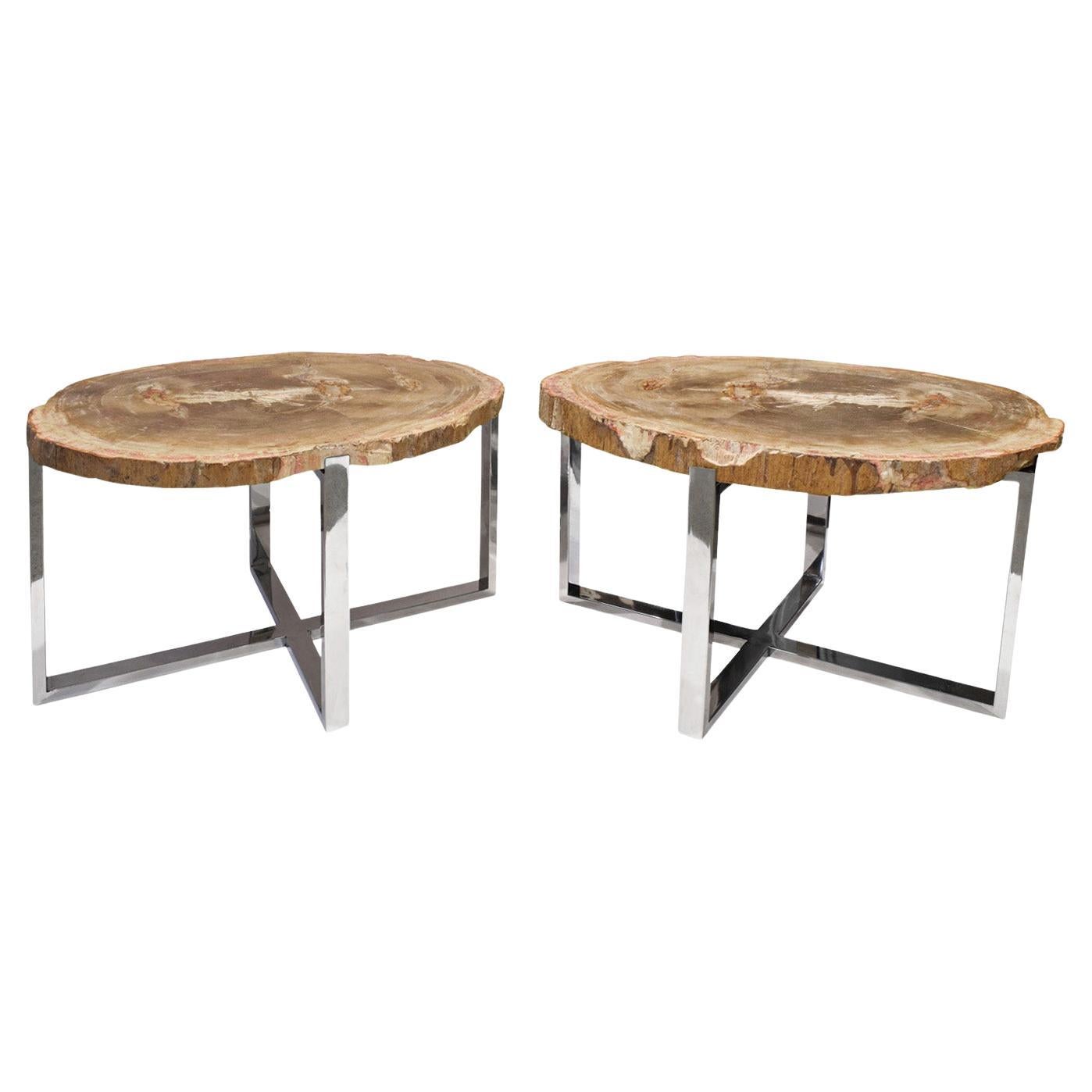 Pair of End/Coffee Tables in Polished Chrome with Petrified Wood Tops 1990s For Sale