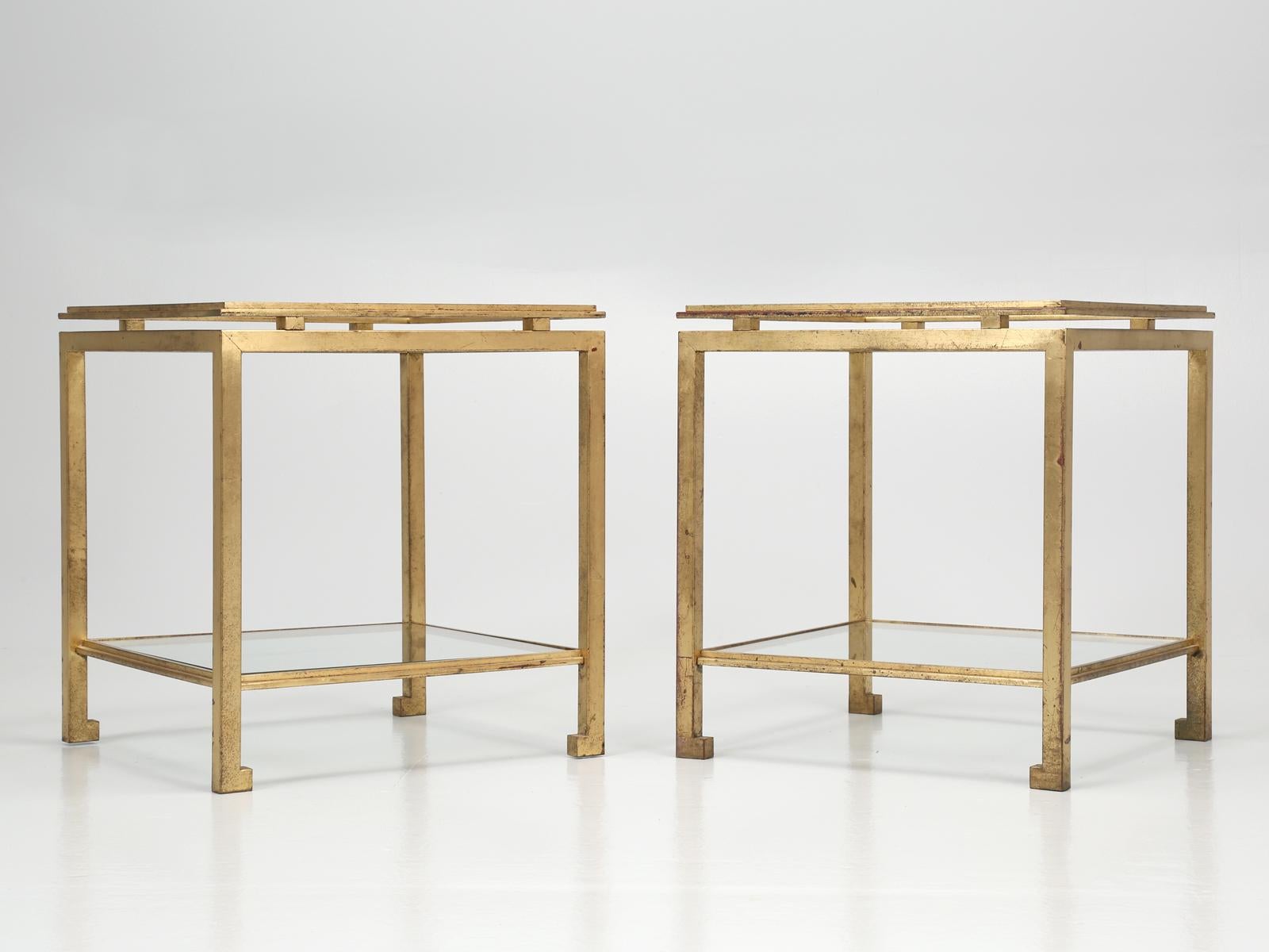 Pair of side or end tables, attributed to Guy Lefevre Design, for Maison Jansen. The gilded, neoclassical design side tables or end tables, are extremely heavy and well executed. The gilding, has an original patination and we are rather fond of how
